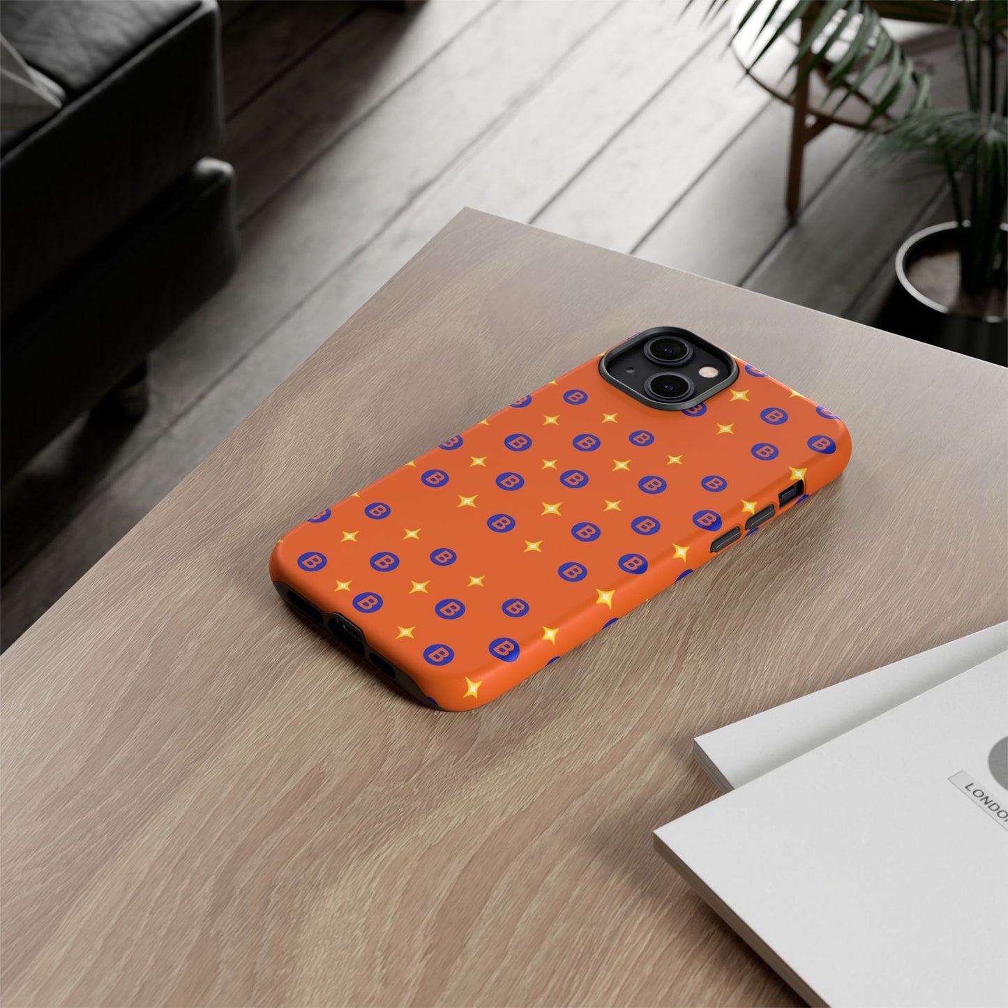Orange Retro Sparkle Phone Case — Monogram B Pattern Tough Case
