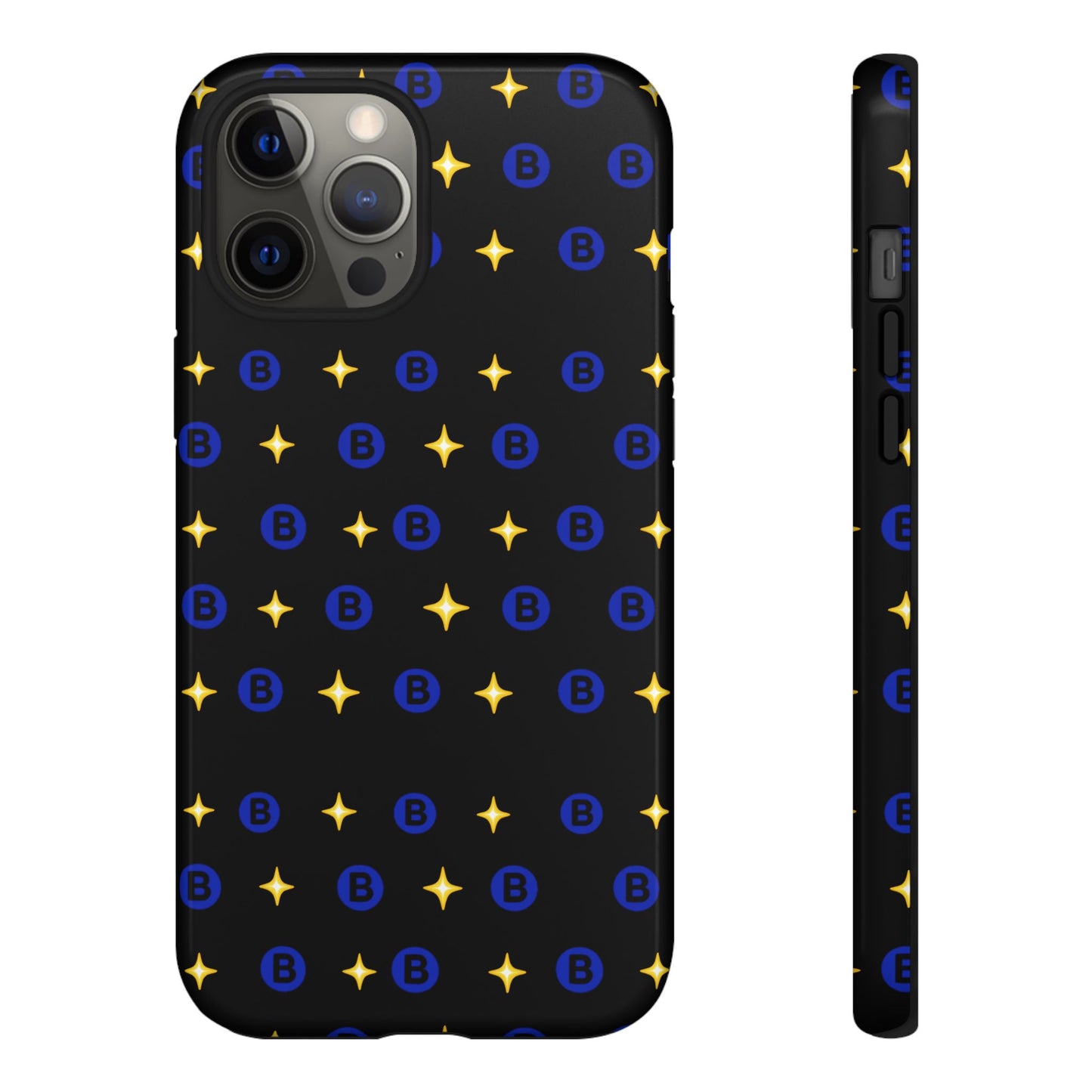 Bitcoin Pattern Tough Phone Case — Blue B Logo & Gold Stars Protective Cover