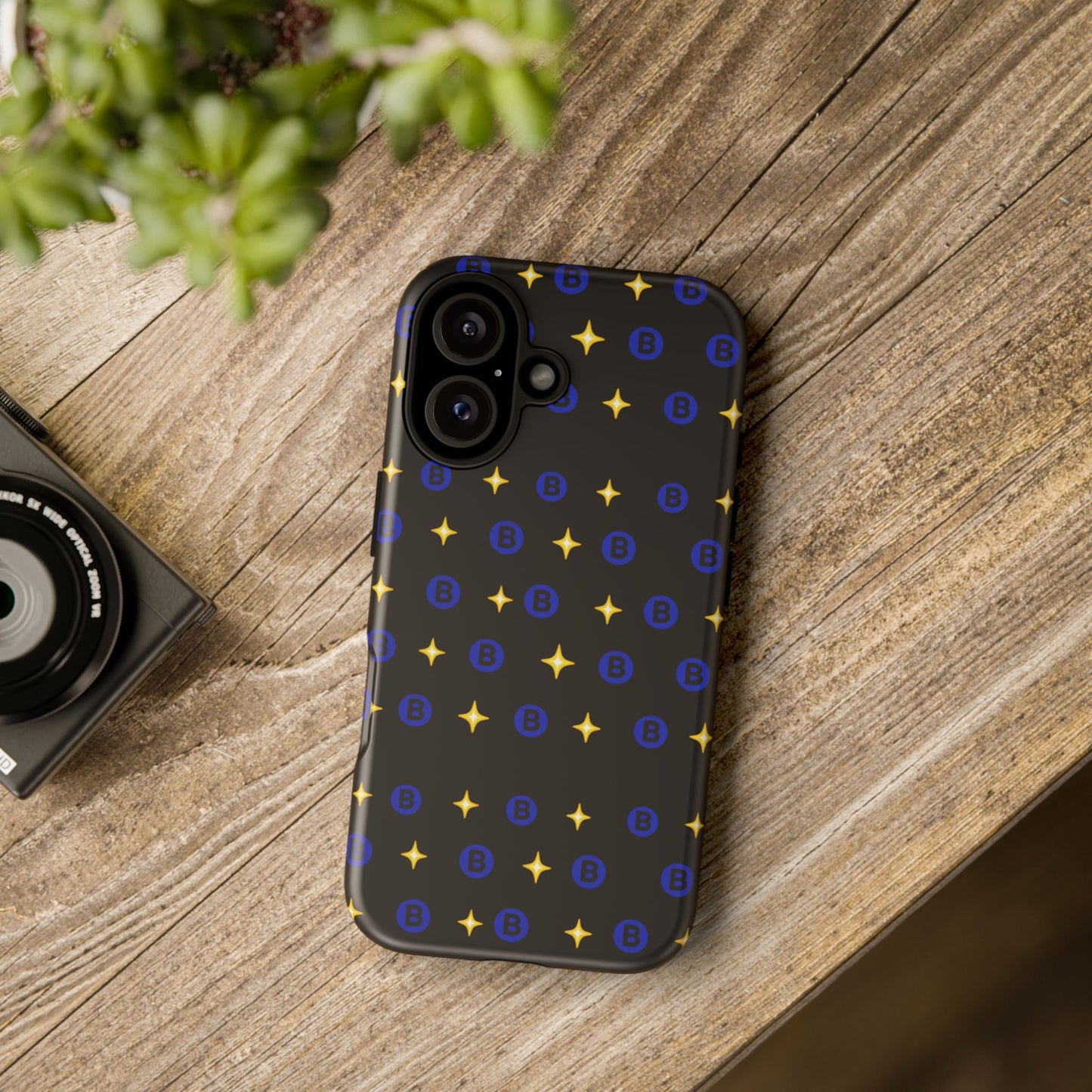 Bitcoin Pattern Tough Phone Case — Blue B Logo & Gold Stars Protective Cover