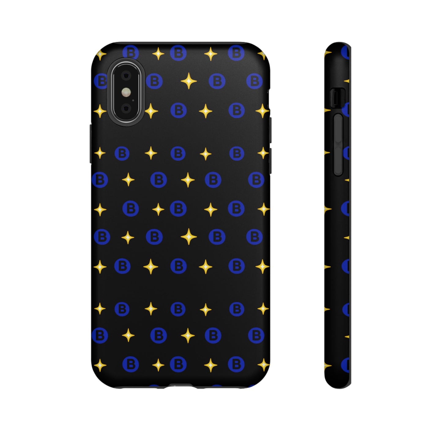 Bitcoin Pattern Tough Phone Case — Blue B Logo & Gold Stars Protective Cover