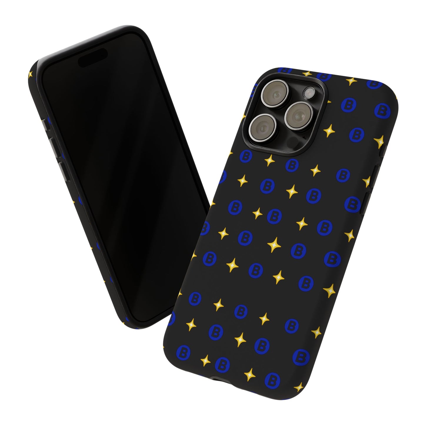 Bitcoin Pattern Tough Phone Case — Blue B Logo & Gold Stars Protective Cover