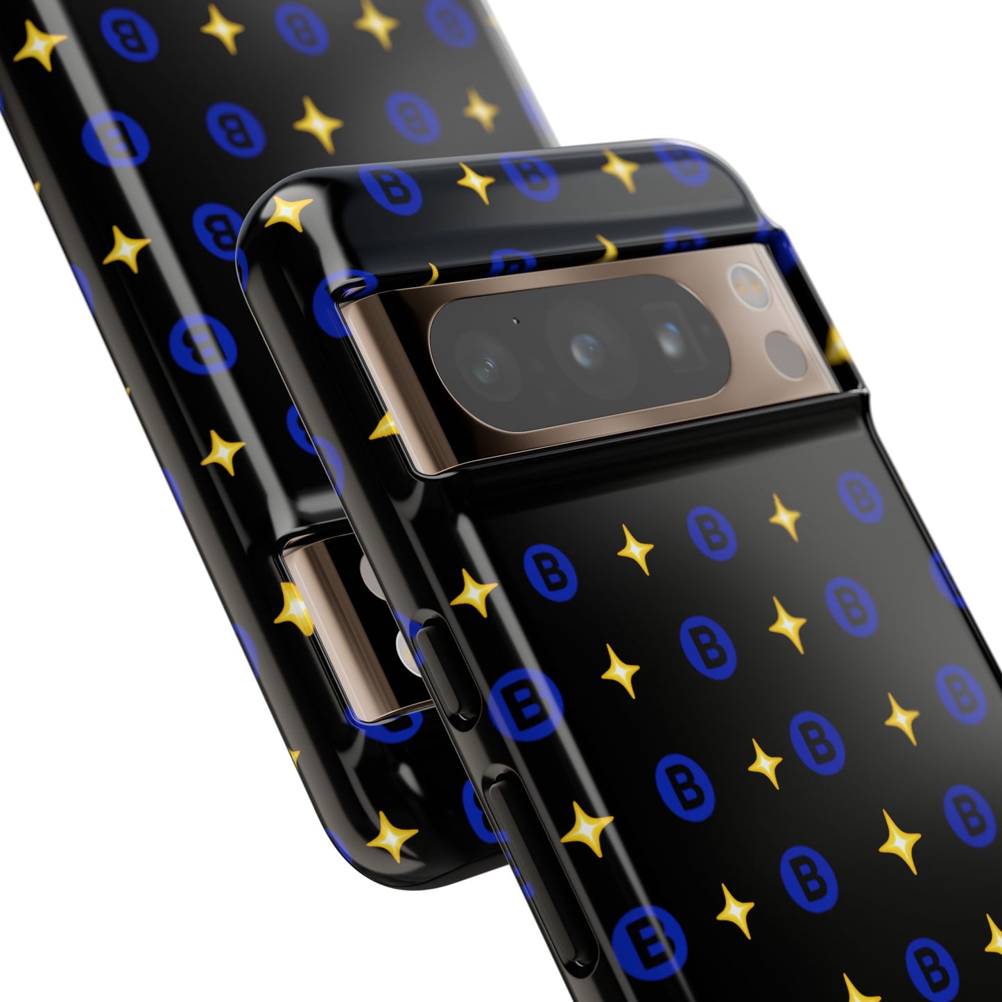 Bitcoin Pattern Tough Phone Case — Blue B Logo & Gold Stars Protective Cover