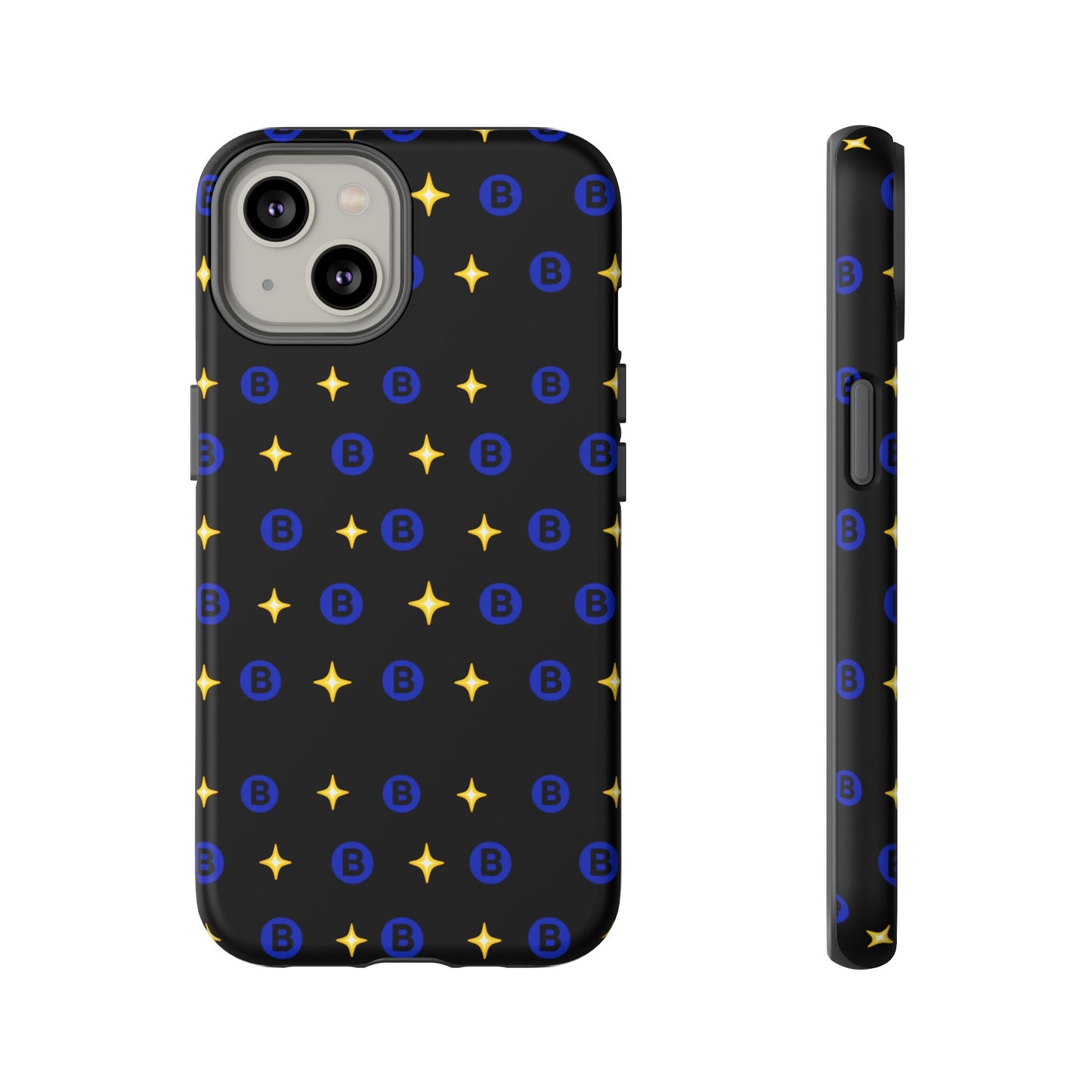 Bitcoin Pattern Tough Phone Case — Blue B Logo & Gold Stars Protective Cover