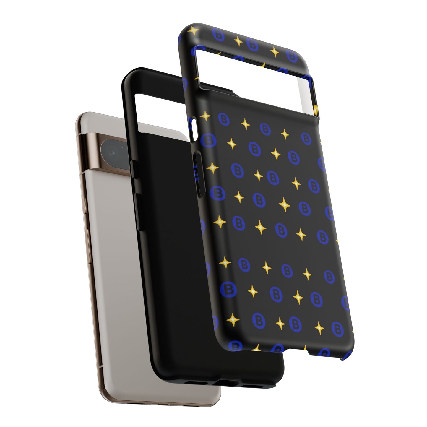 Bitcoin Pattern Tough Phone Case — Blue B Logo & Gold Stars Protective Cover