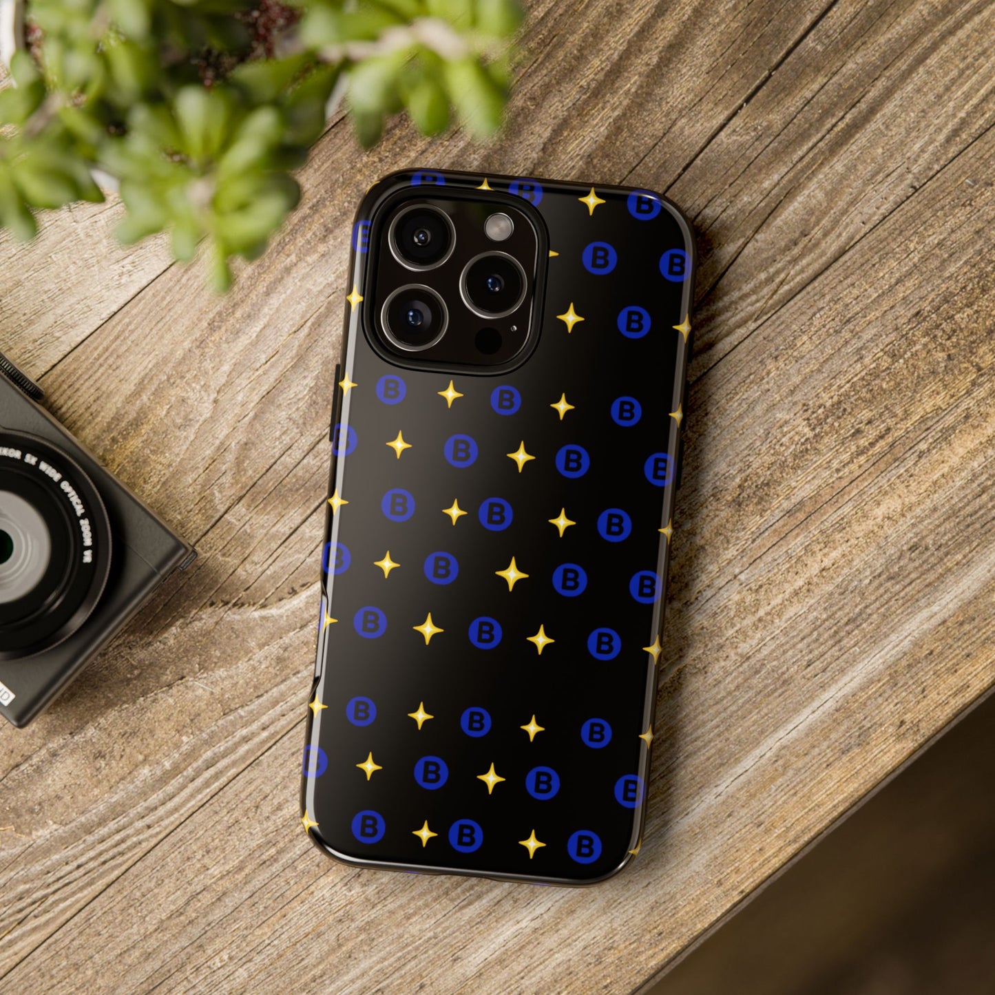 Bitcoin Pattern Tough Phone Case — Blue B Logo & Gold Stars Protective Cover