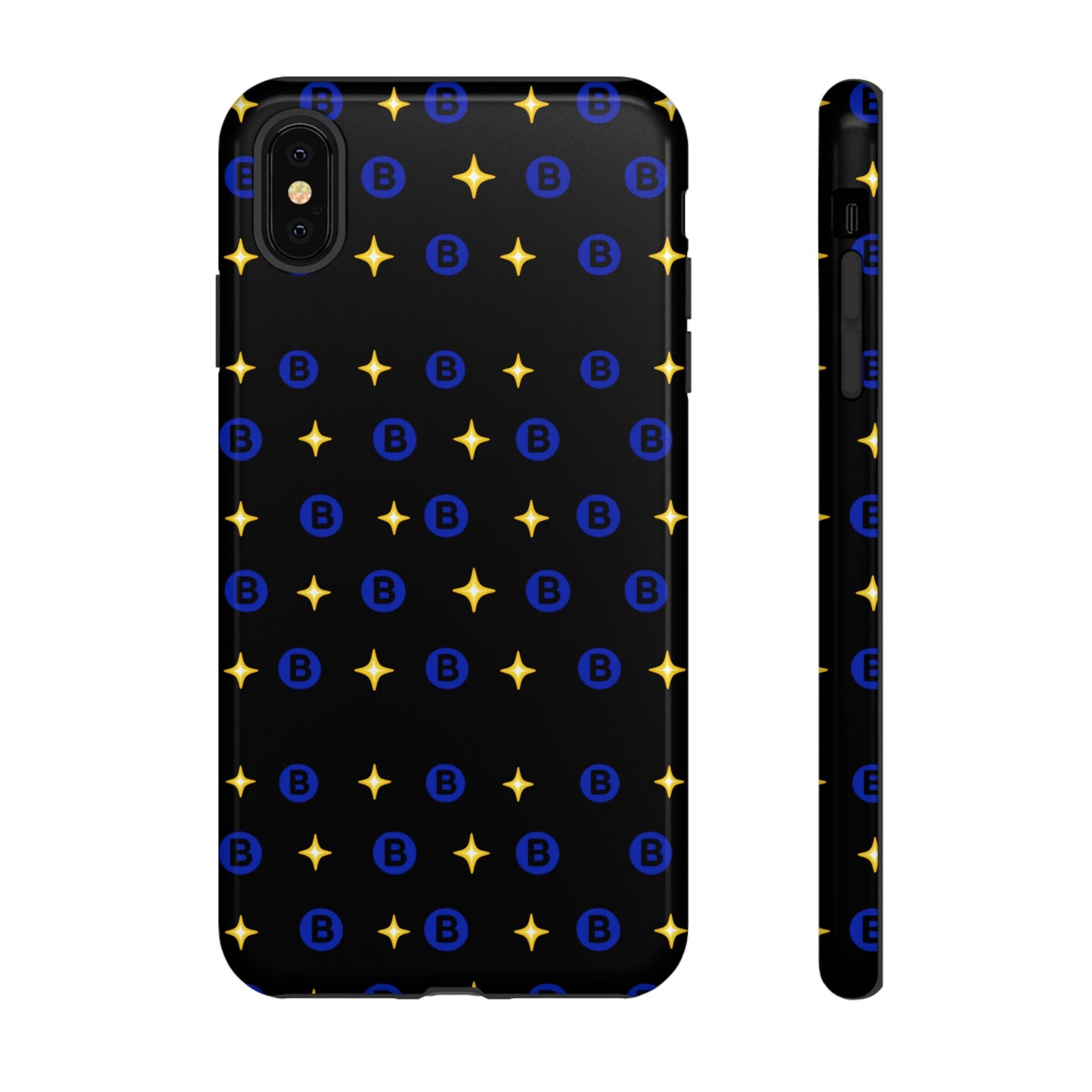 Bitcoin Pattern Tough Phone Case — Blue B Logo & Gold Stars Protective Cover