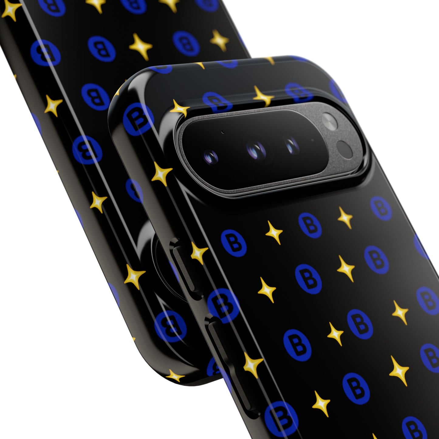 Bitcoin Pattern Tough Phone Case — Blue B Logo & Gold Stars Protective Cover