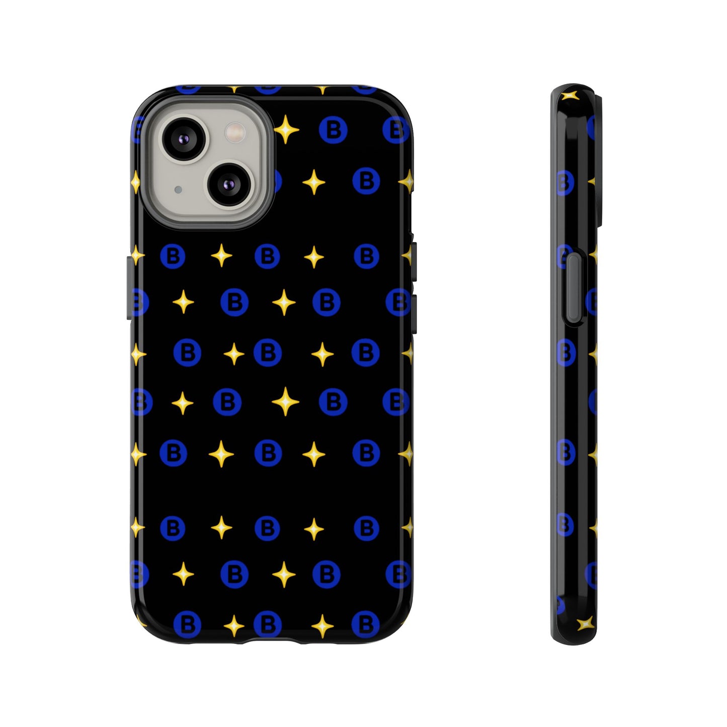 Bitcoin Pattern Tough Phone Case — Blue B Logo & Gold Stars Protective Cover