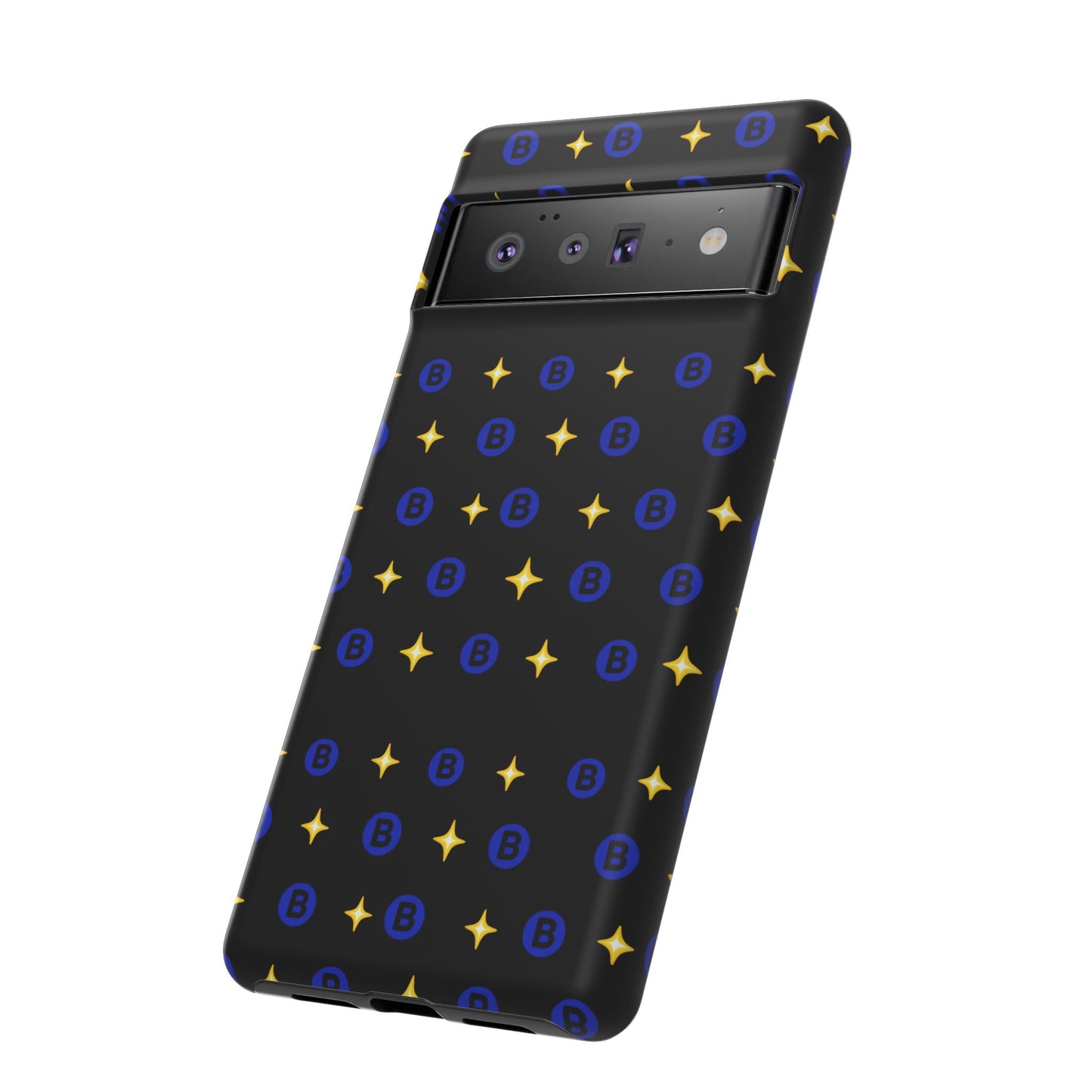 Bitcoin Pattern Tough Phone Case — Blue B Logo & Gold Stars Protective Cover