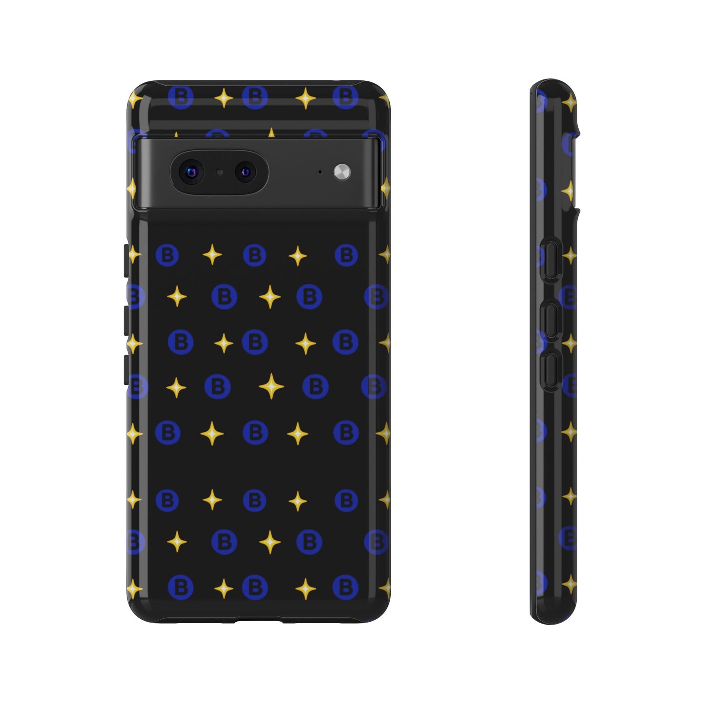 Bitcoin Pattern Tough Phone Case — Blue B Logo & Gold Stars Protective Cover