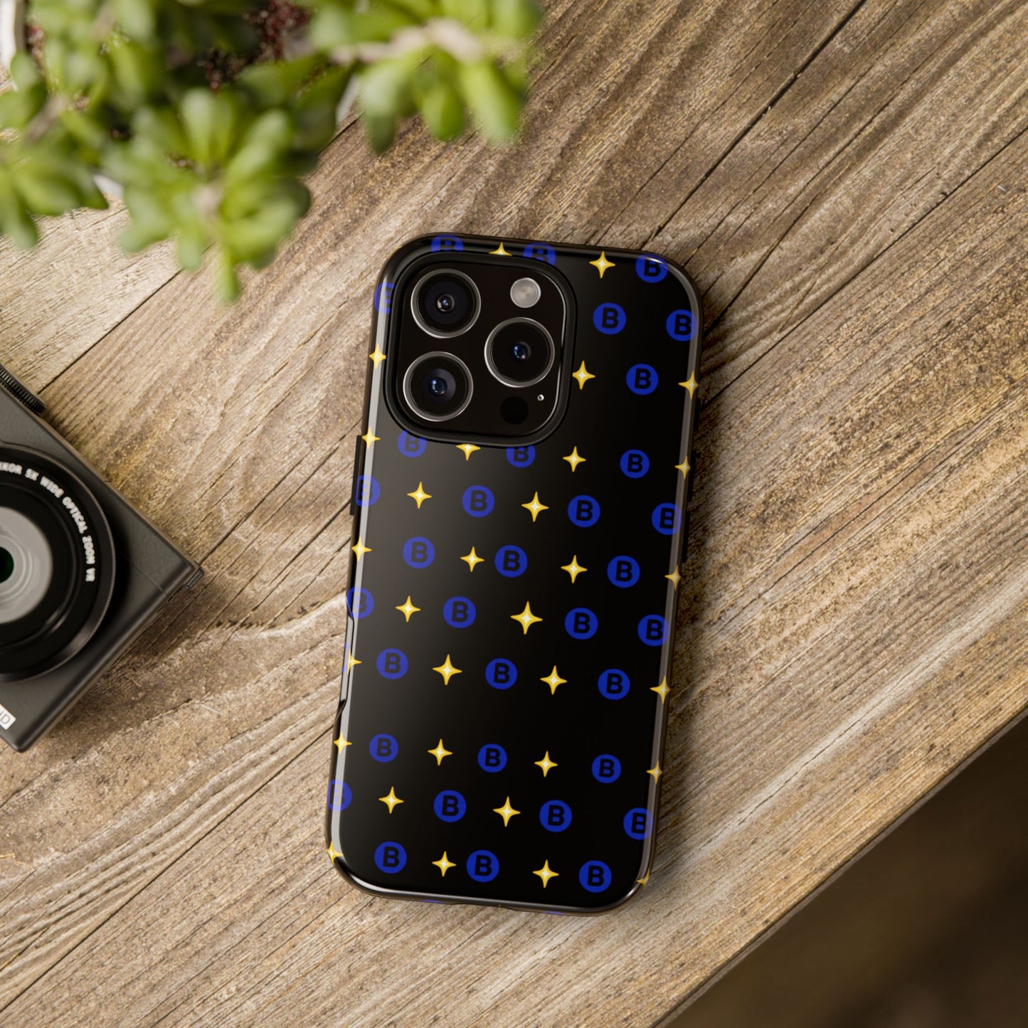 Bitcoin Pattern Tough Phone Case — Blue B Logo & Gold Stars Protective Cover