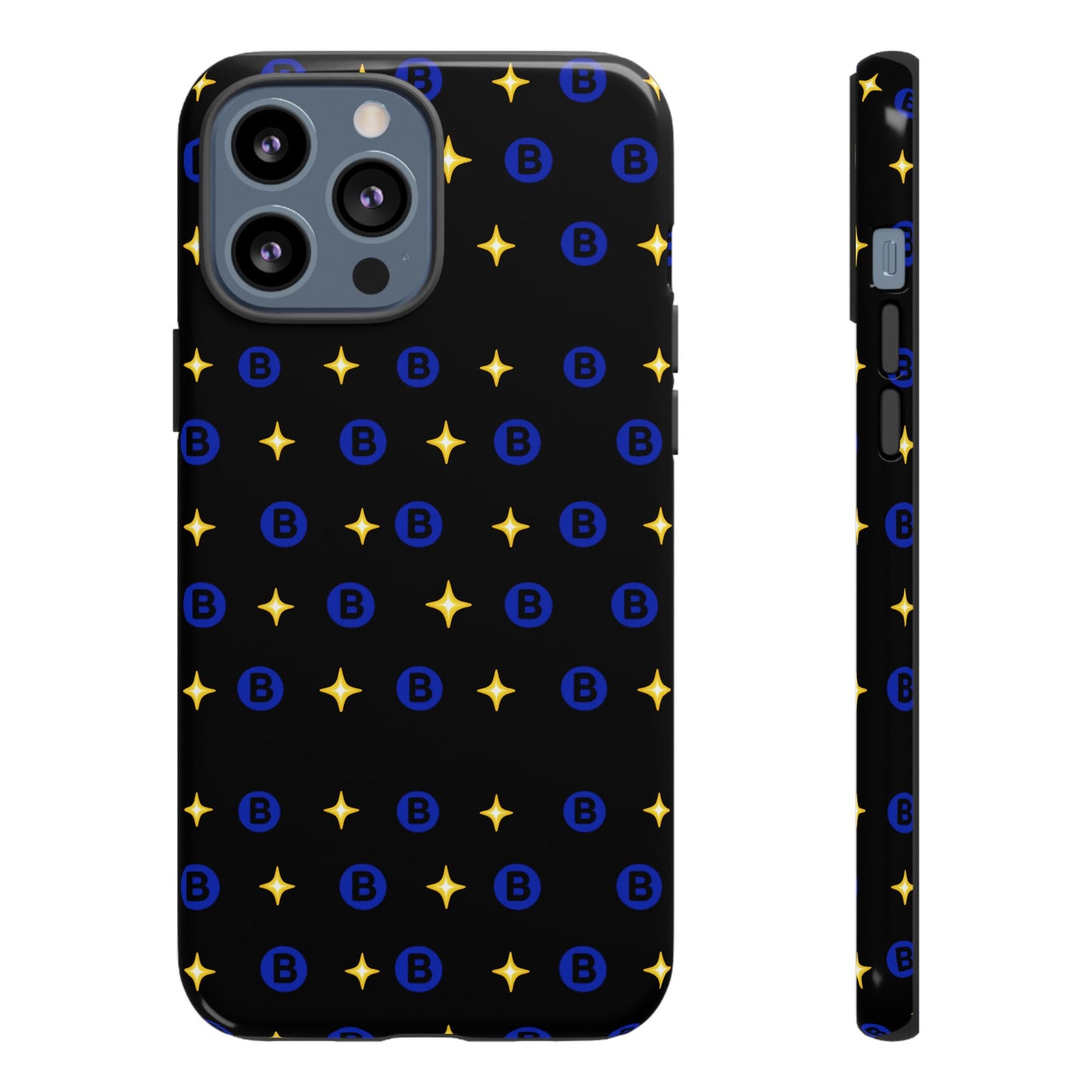 Bitcoin Pattern Tough Phone Case — Blue B Logo & Gold Stars Protective Cover
