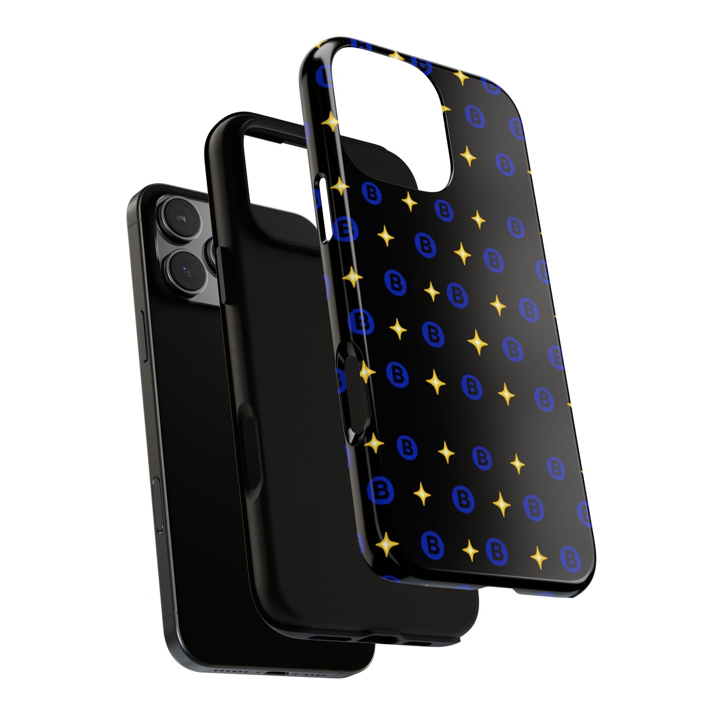 Bitcoin Pattern Tough Phone Case — Blue B Logo & Gold Stars Protective Cover