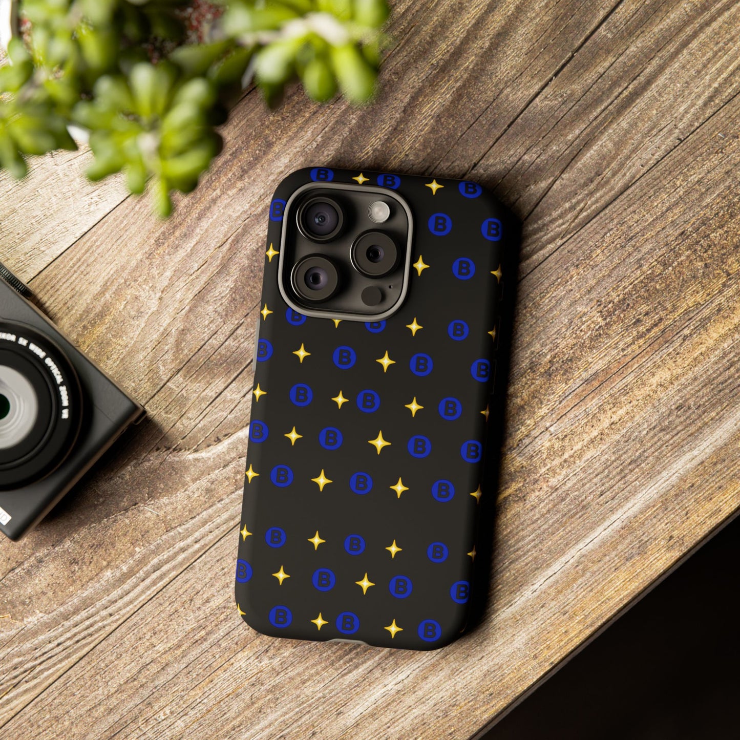 Bitcoin Pattern Tough Phone Case — Blue B Logo & Gold Stars Protective Cover
