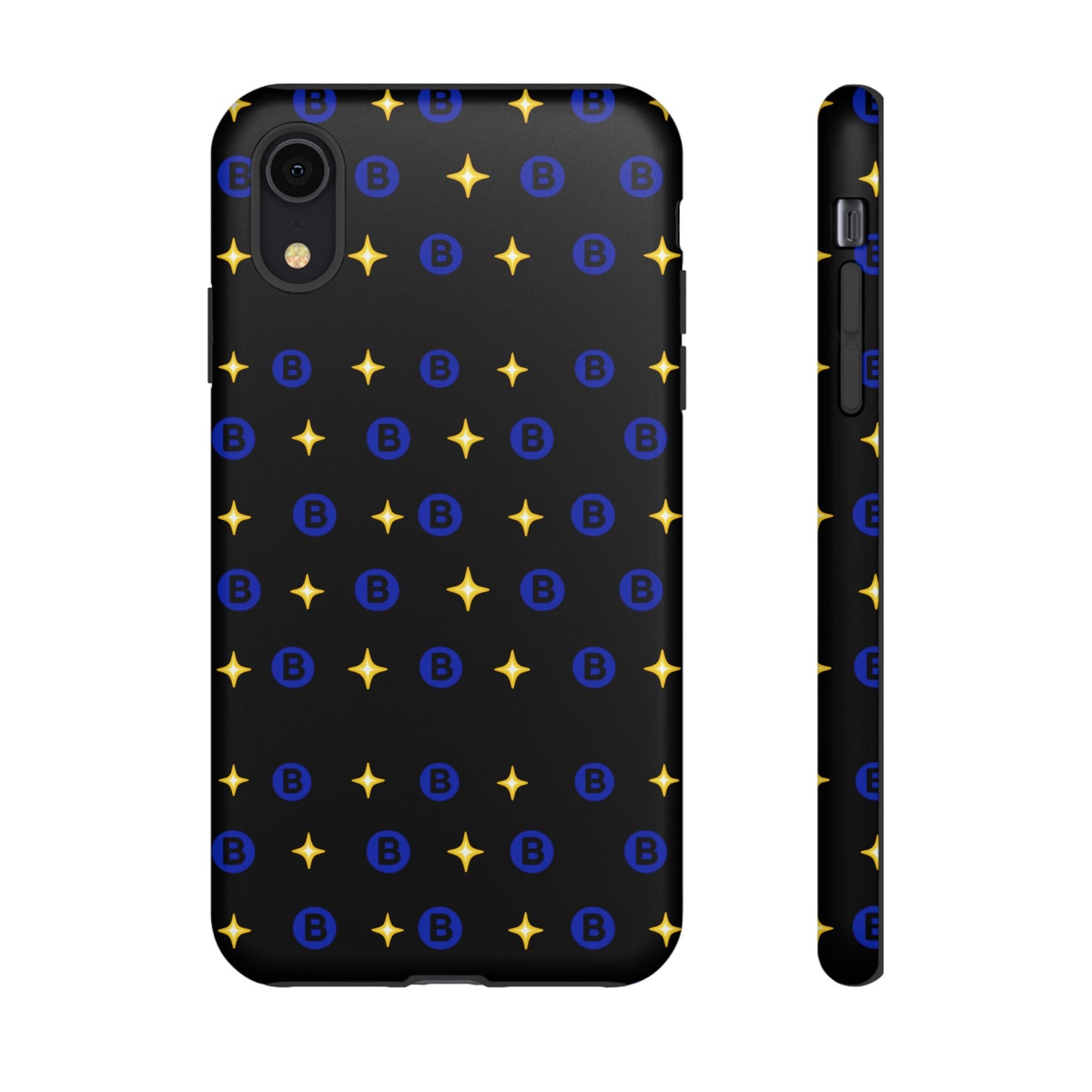 Bitcoin Pattern Tough Phone Case — Blue B Logo & Gold Stars Protective Cover