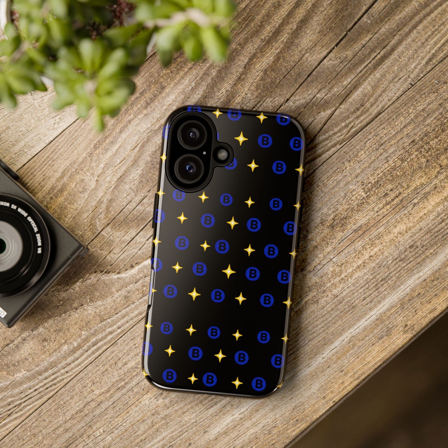 Bitcoin Pattern Tough Phone Case — Blue B Logo & Gold Stars Protective Cover