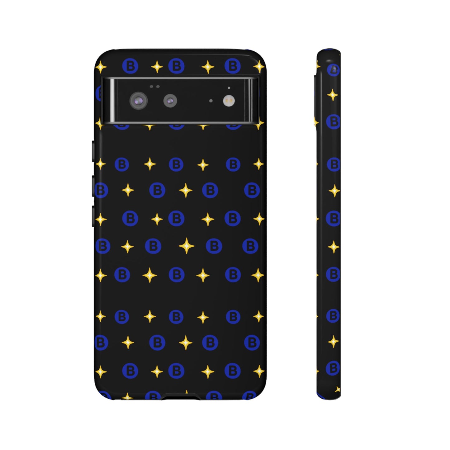 Bitcoin Pattern Tough Phone Case — Blue B Logo & Gold Stars Protective Cover