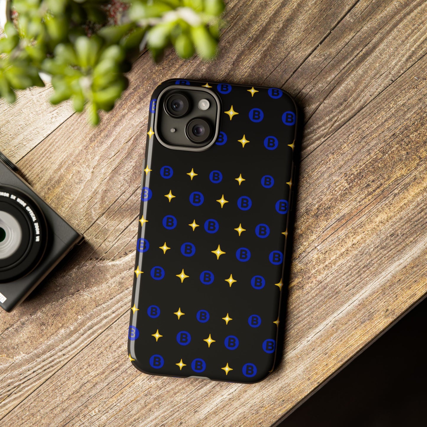 Bitcoin Pattern Tough Phone Case — Blue B Logo & Gold Stars Protective Cover