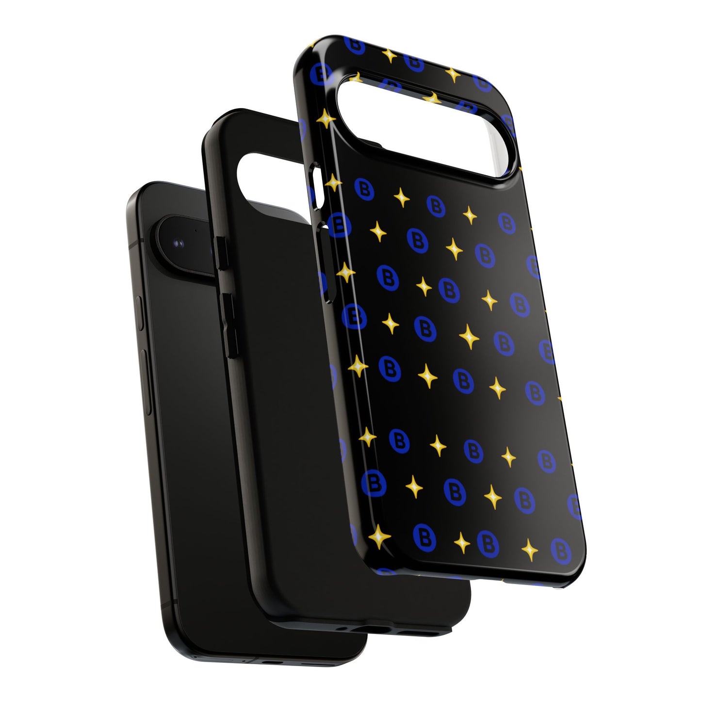 Bitcoin Pattern Tough Phone Case — Blue B Logo & Gold Stars Protective Cover