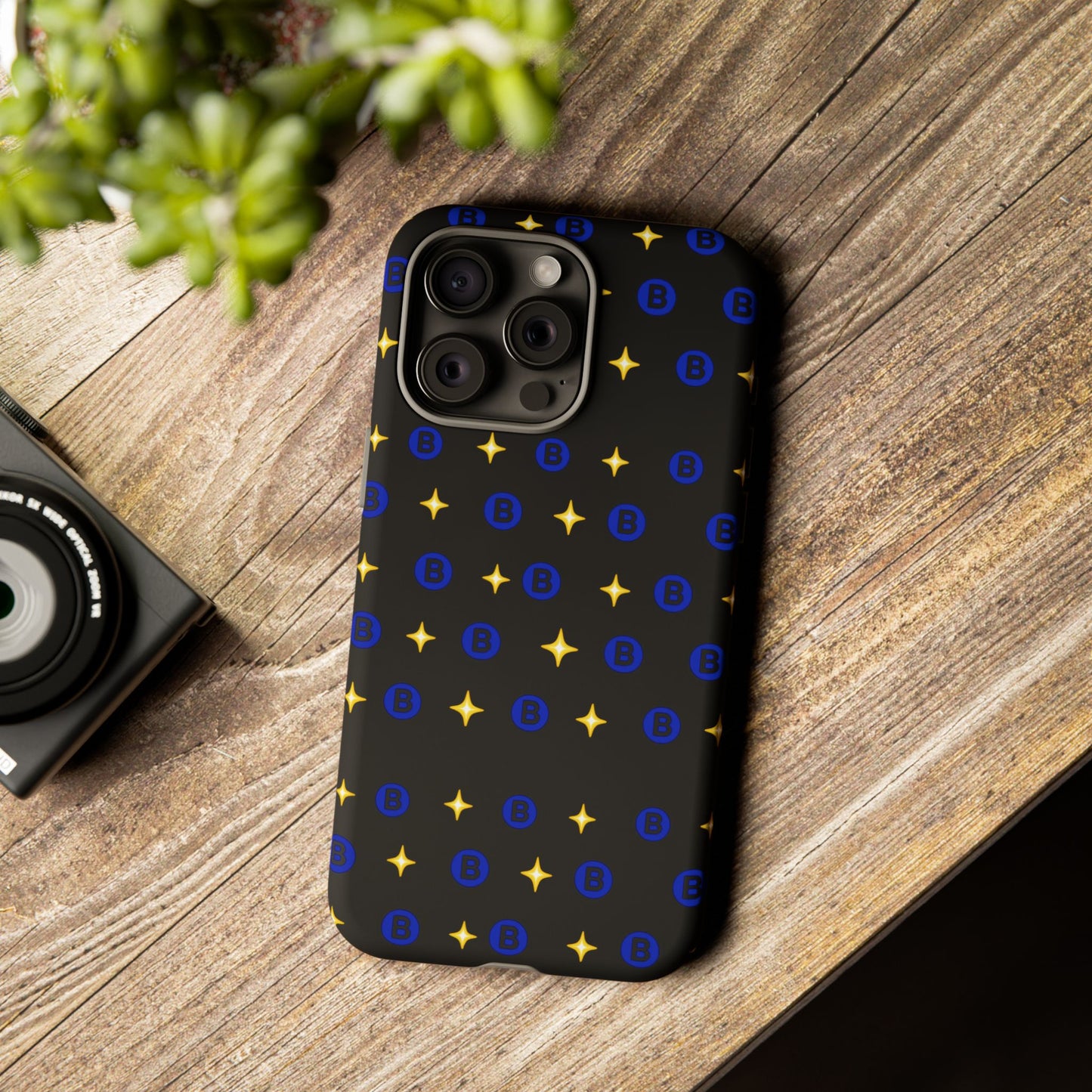 Bitcoin Pattern Tough Phone Case — Blue B Logo & Gold Stars Protective Cover