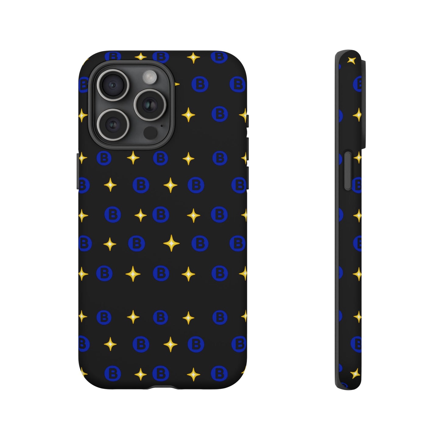 Bitcoin Pattern Tough Phone Case — Blue B Logo & Gold Stars Protective Cover