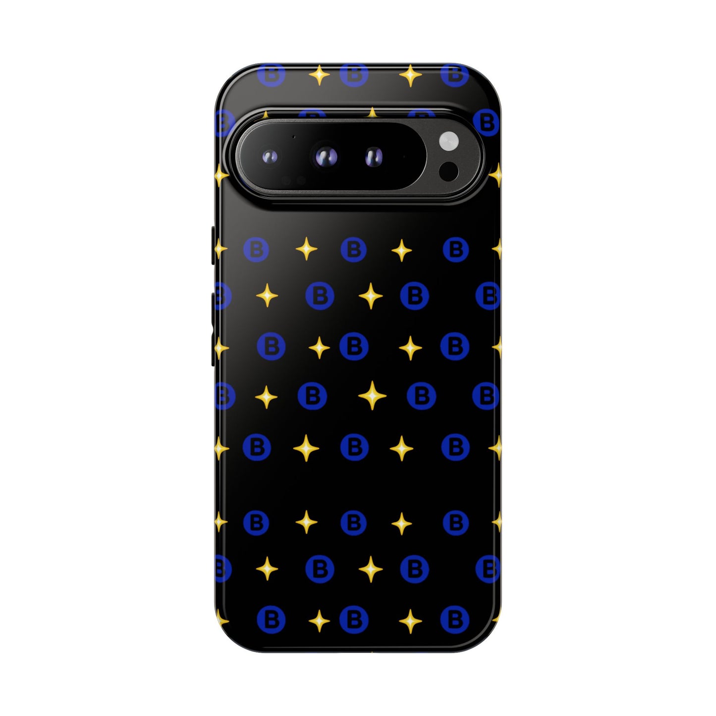 Bitcoin Pattern Tough Phone Case — Blue B Logo & Gold Stars Protective Cover