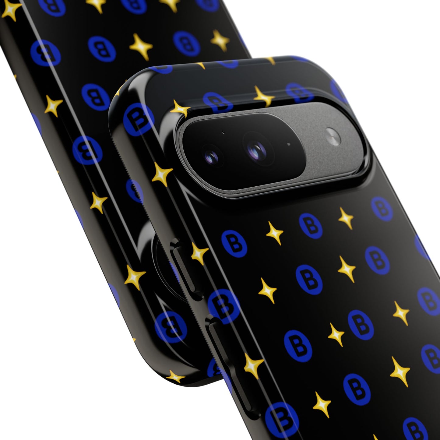 Bitcoin Pattern Tough Phone Case — Blue B Logo & Gold Stars Protective Cover