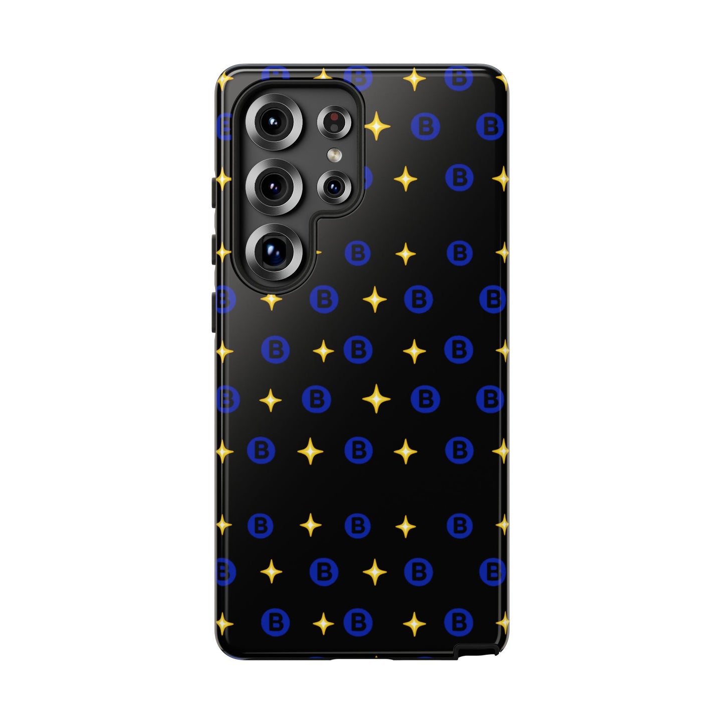 Bitcoin Pattern Tough Phone Case — Blue B Logo & Gold Stars Protective Cover