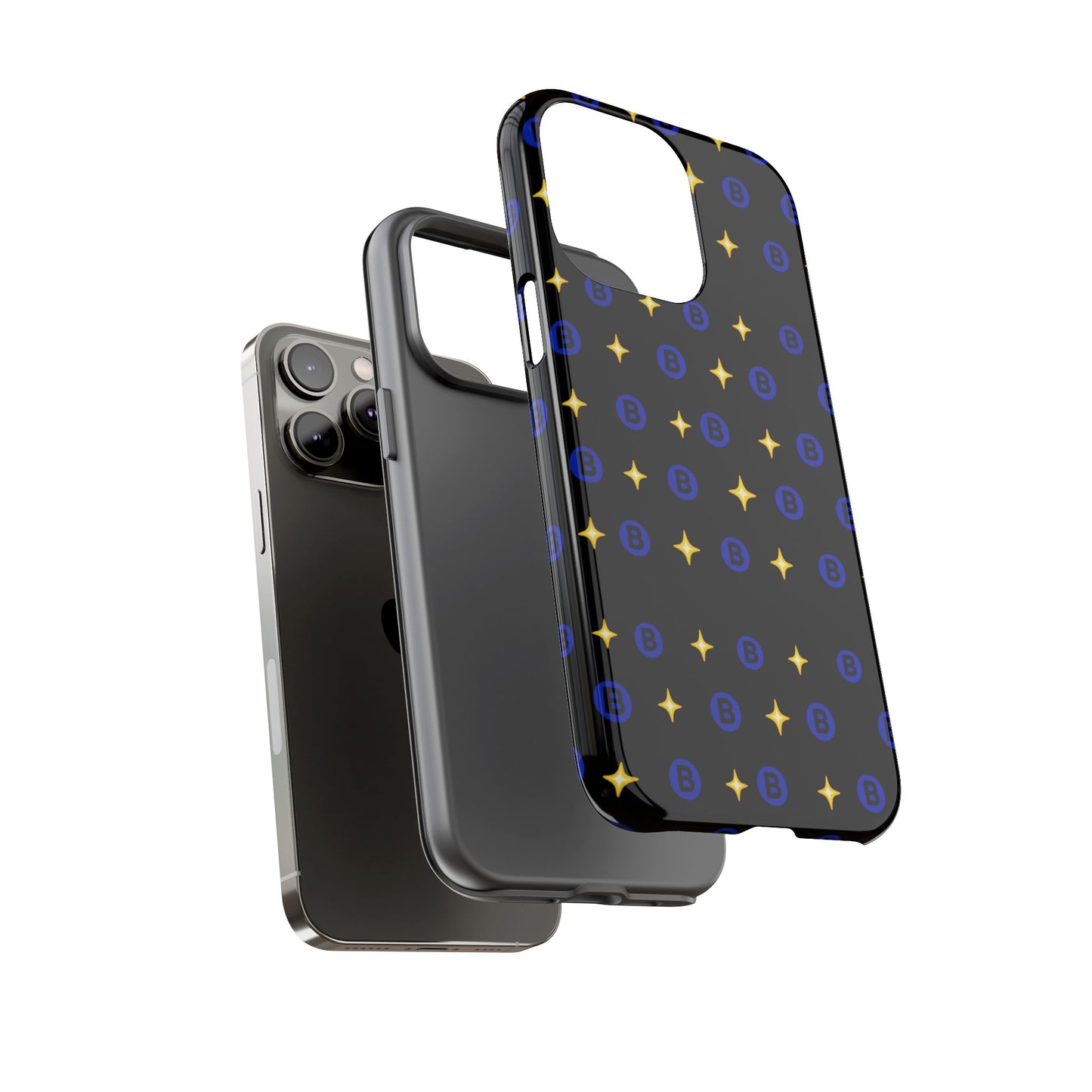 Bitcoin Pattern Tough Phone Case — Blue B Logo & Gold Stars Protective Cover