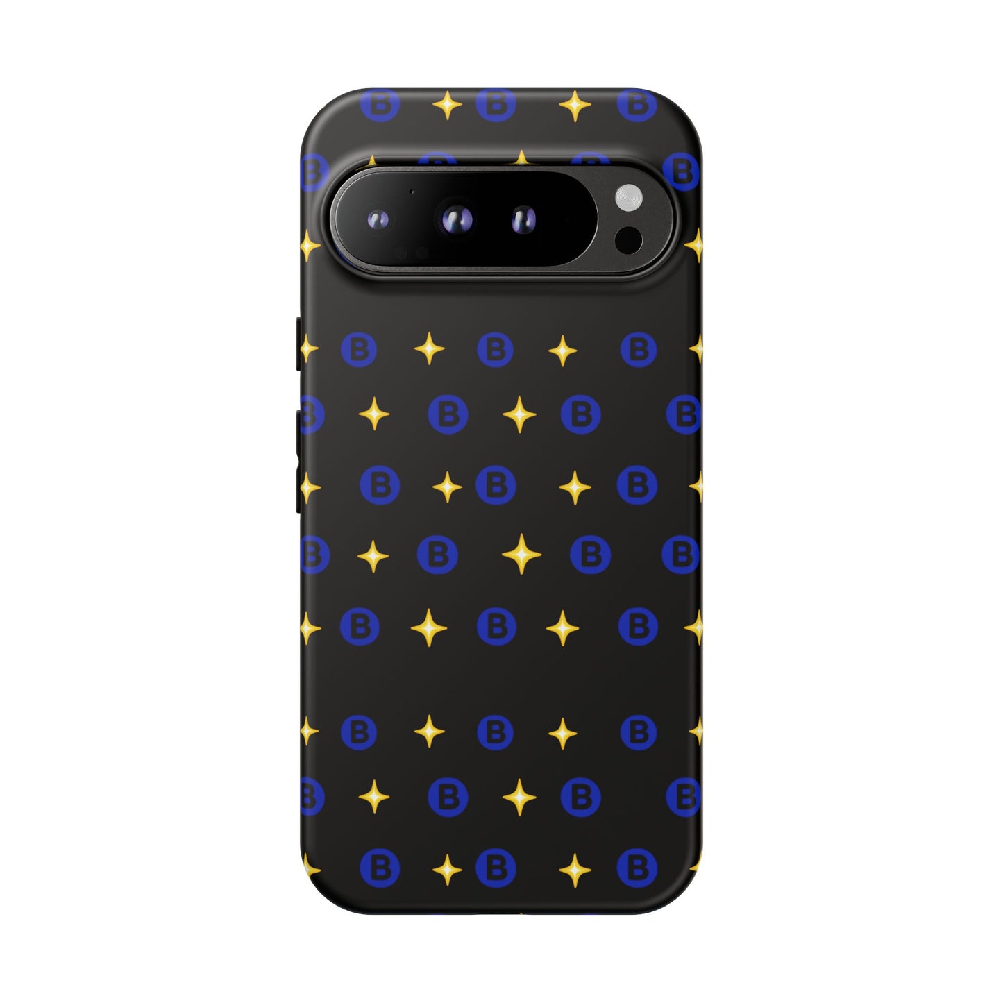 Bitcoin Pattern Tough Phone Case — Blue B Logo & Gold Stars Protective Cover