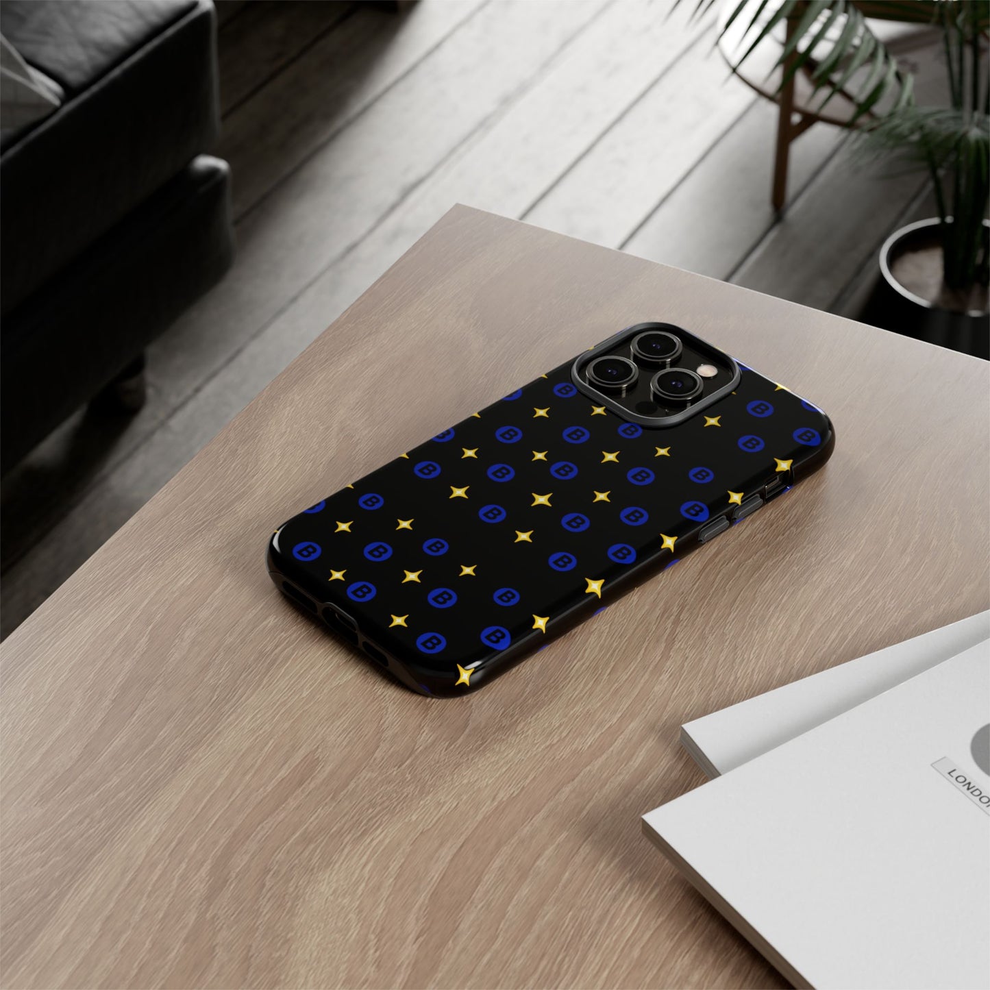Bitcoin Pattern Tough Phone Case — Blue B Logo & Gold Stars Protective Cover