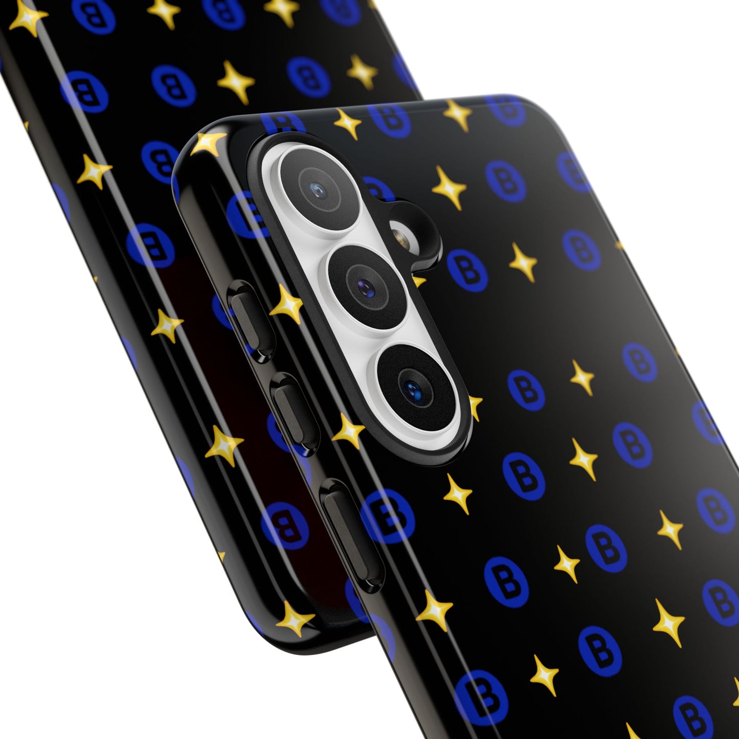 Bitcoin Pattern Tough Phone Case — Blue B Logo & Gold Stars Protective Cover