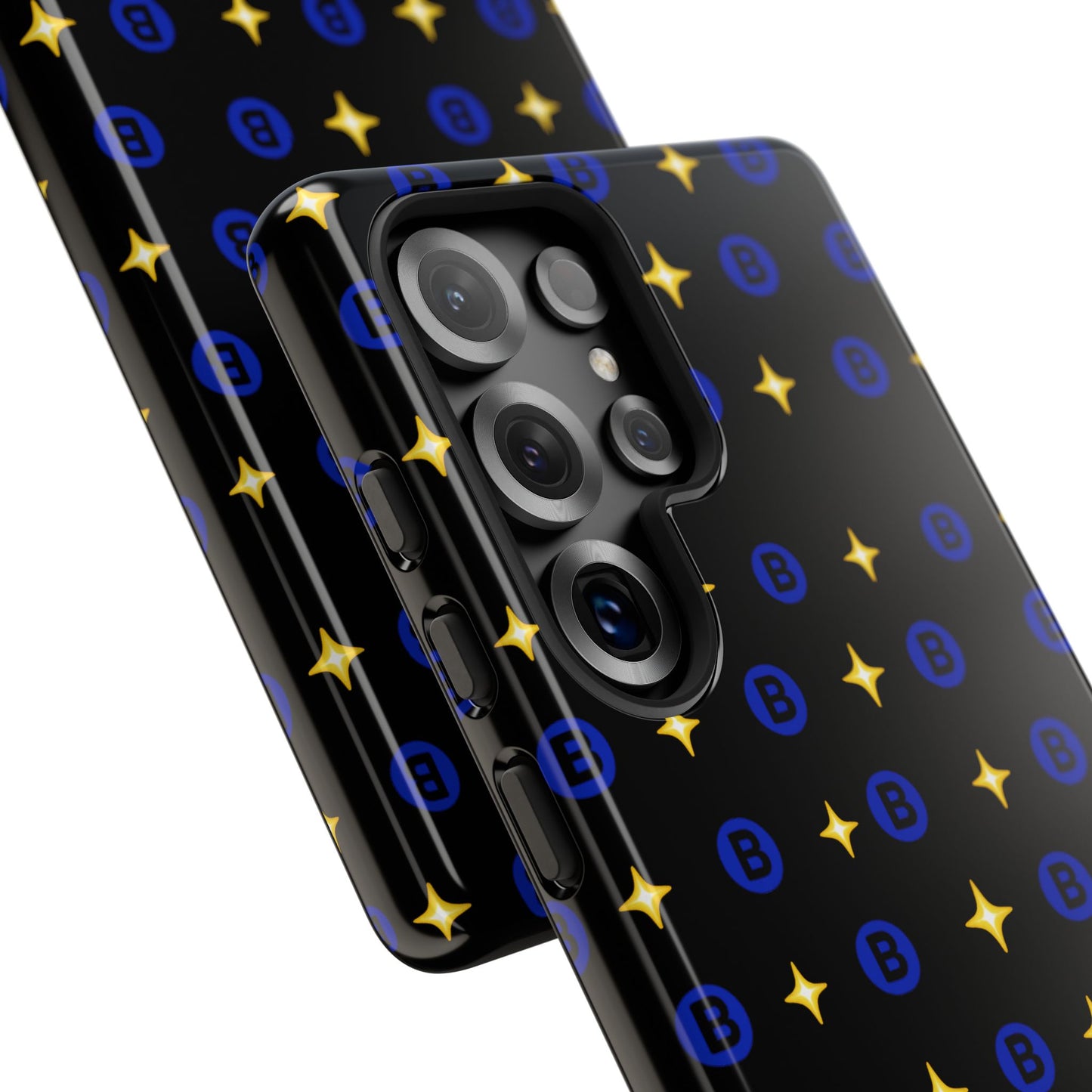 Bitcoin Pattern Tough Phone Case — Blue B Logo & Gold Stars Protective Cover