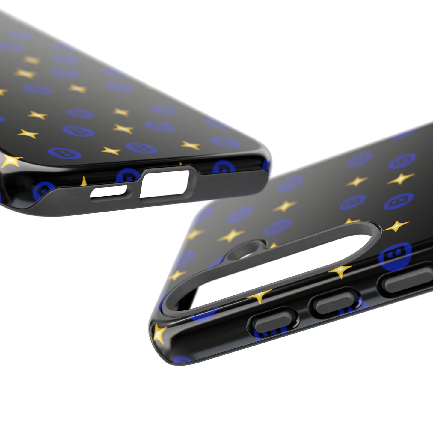 Bitcoin Pattern Tough Phone Case — Blue B Logo & Gold Stars Protective Cover