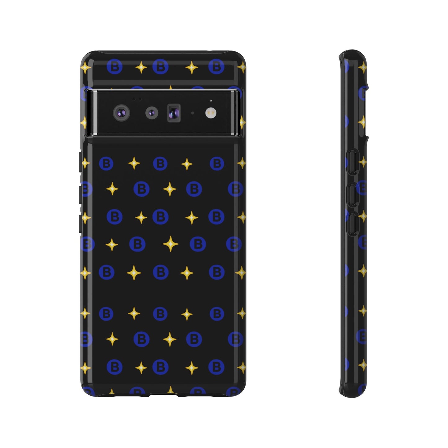 Bitcoin Pattern Tough Phone Case — Blue B Logo & Gold Stars Protective Cover