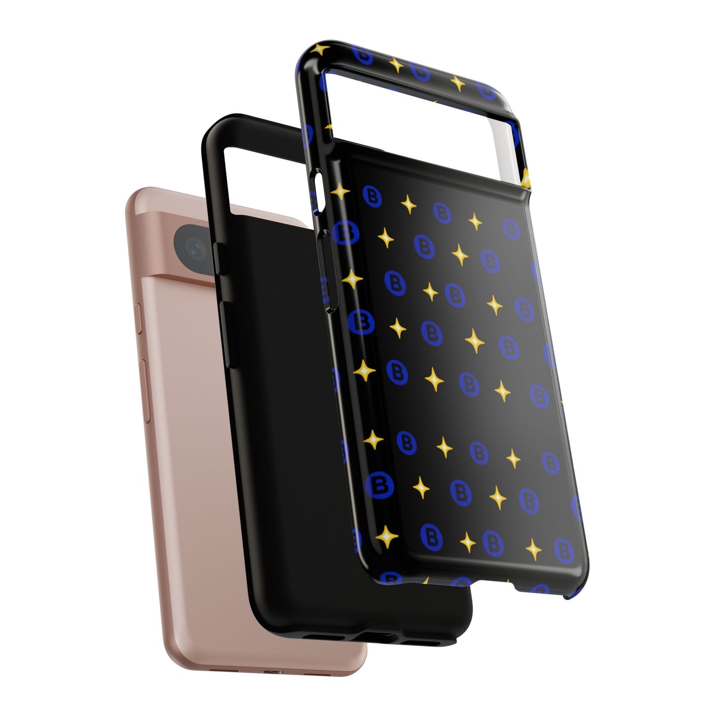 Bitcoin Pattern Tough Phone Case — Blue B Logo & Gold Stars Protective Cover