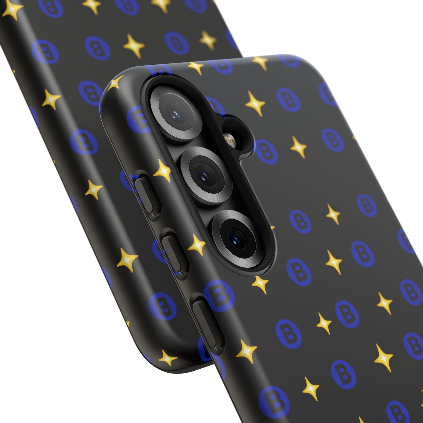 Bitcoin Pattern Tough Phone Case — Blue B Logo & Gold Stars Protective Cover