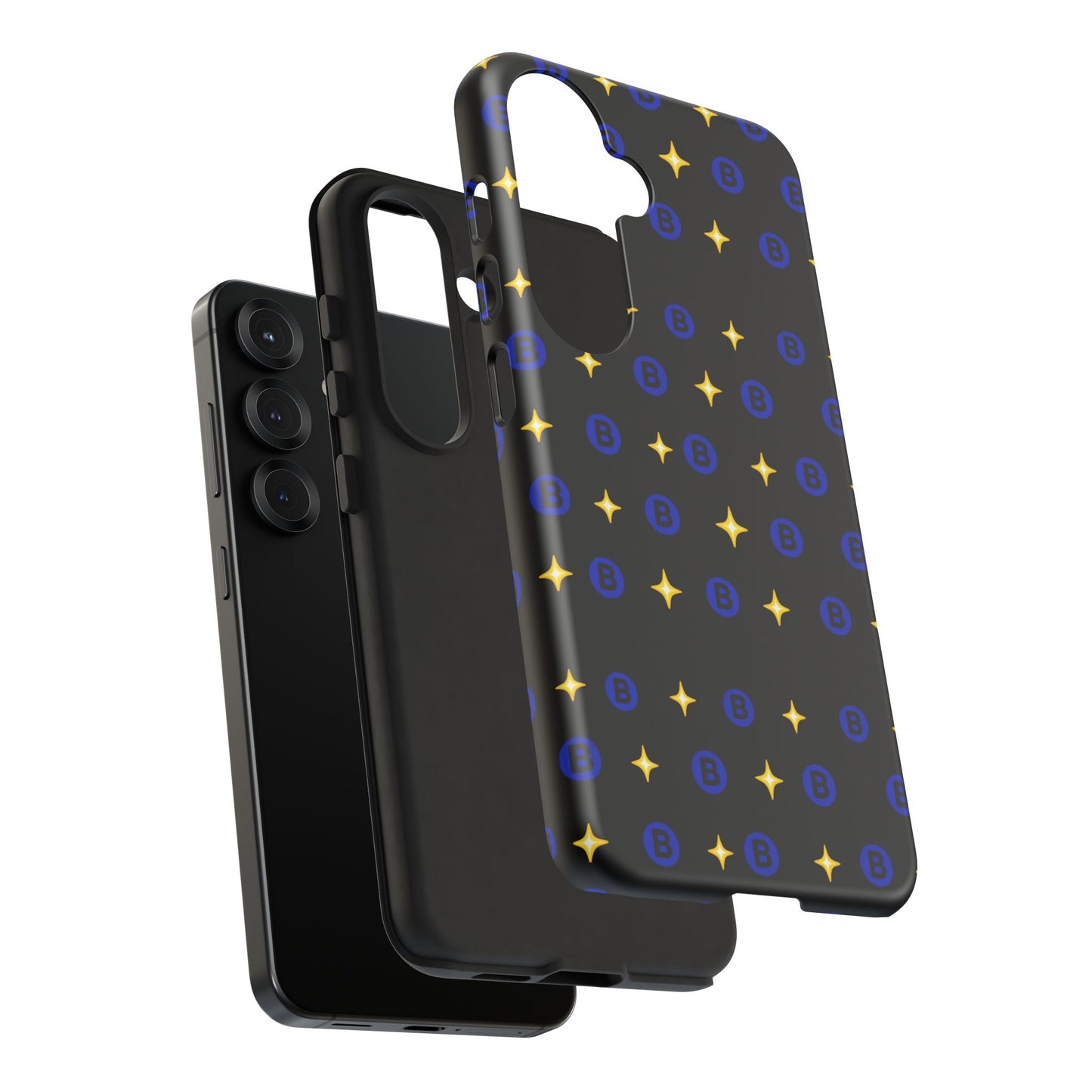 Bitcoin Pattern Tough Phone Case — Blue B Logo & Gold Stars Protective Cover