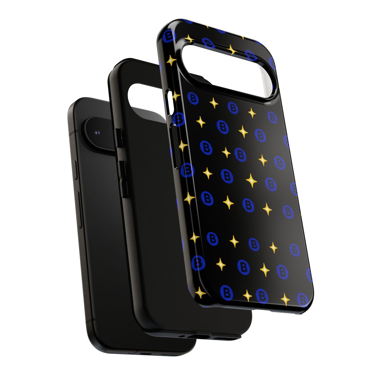 Bitcoin Pattern Tough Phone Case — Blue B Logo & Gold Stars Protective Cover
