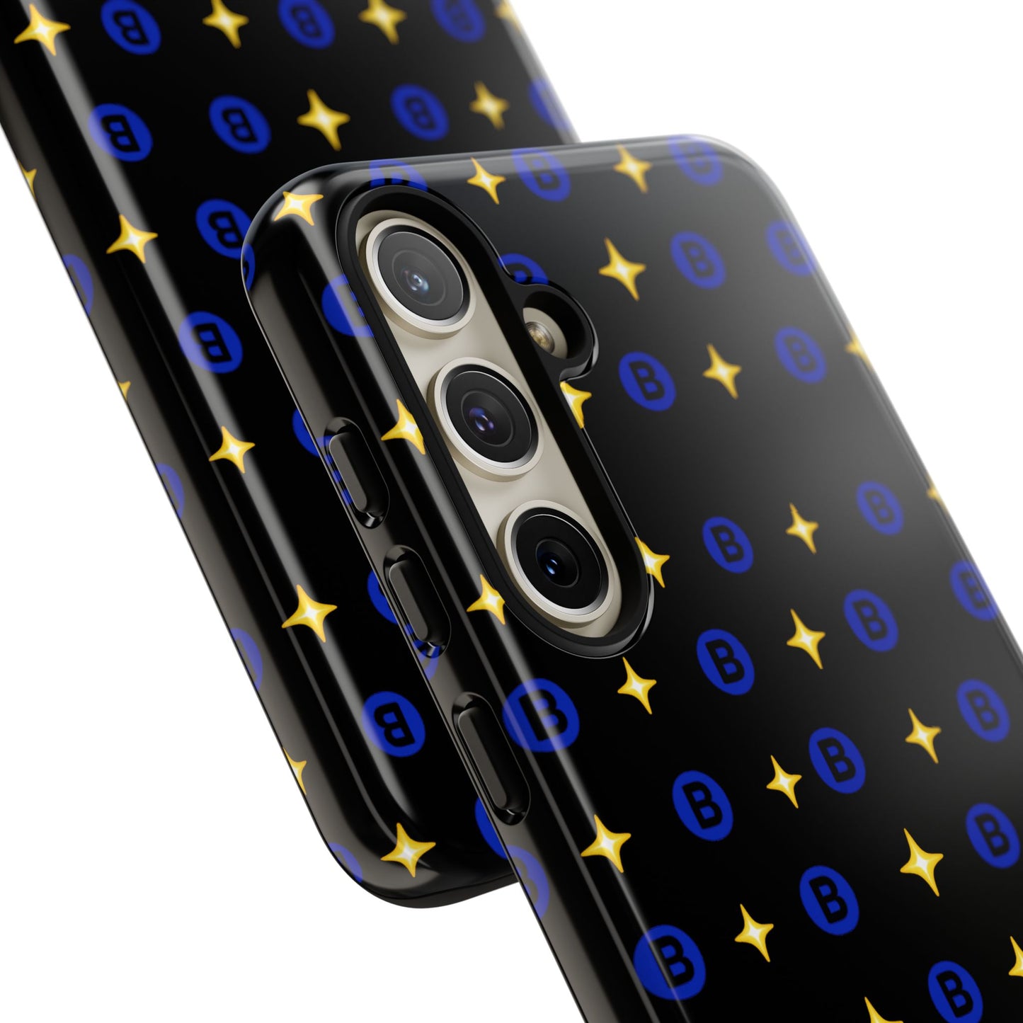 Bitcoin Pattern Tough Phone Case — Blue B Logo & Gold Stars Protective Cover