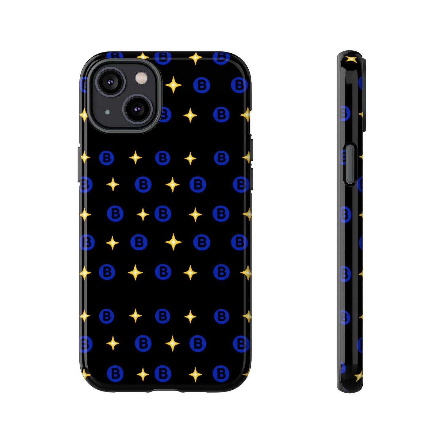 Bitcoin Pattern Tough Phone Case — Blue B Logo & Gold Stars Protective Cover