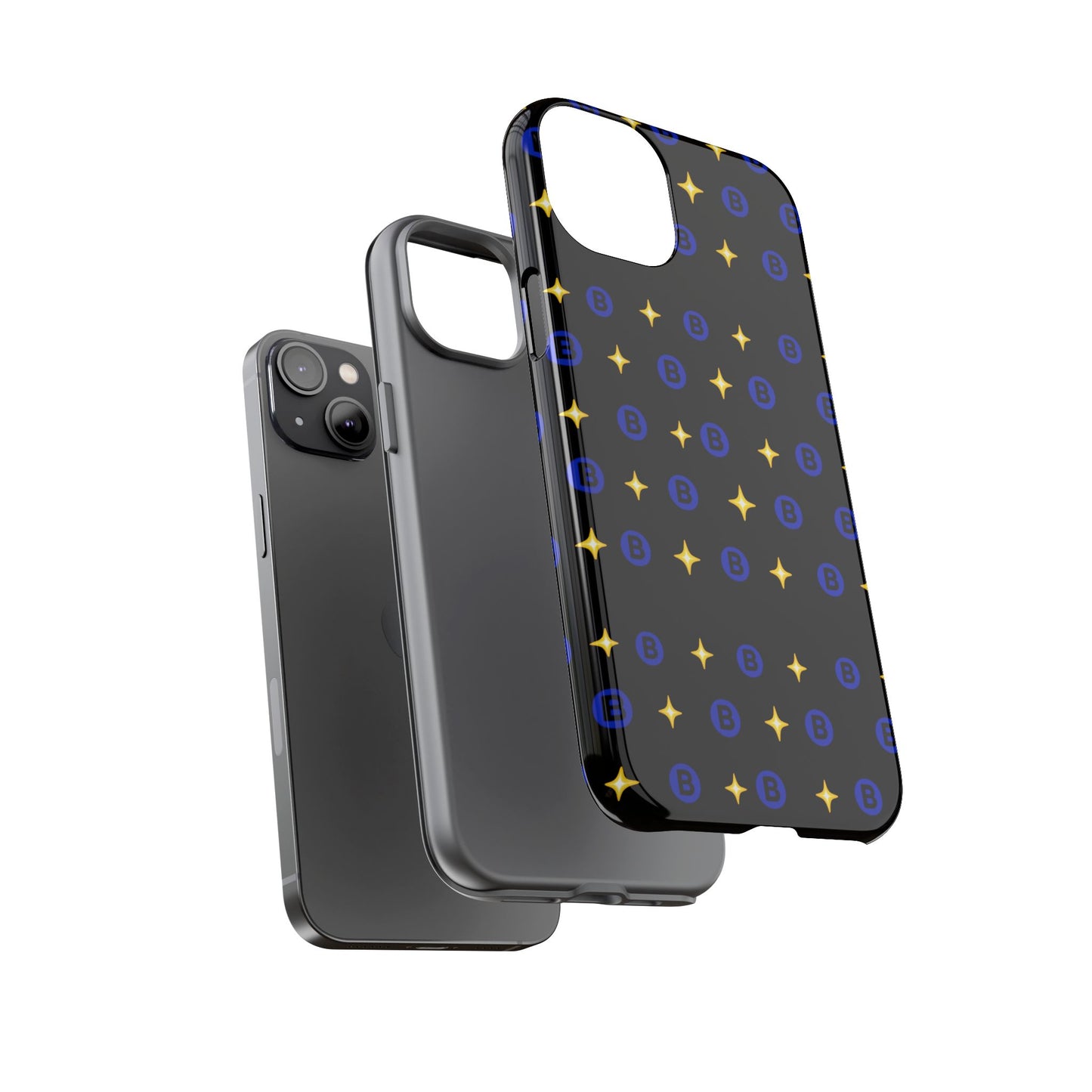 Bitcoin Pattern Tough Phone Case — Blue B Logo & Gold Stars Protective Cover