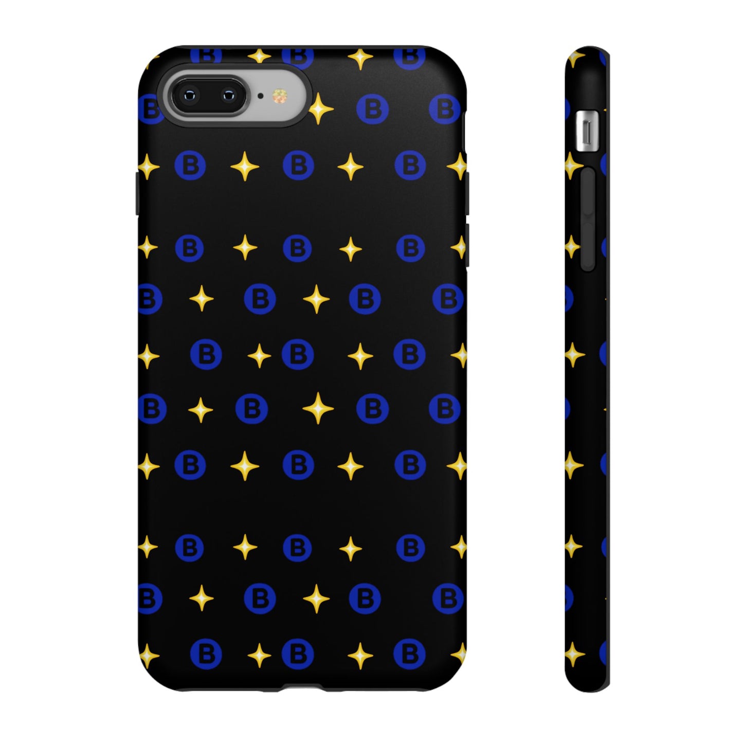 Bitcoin Pattern Tough Phone Case — Blue B Logo & Gold Stars Protective Cover