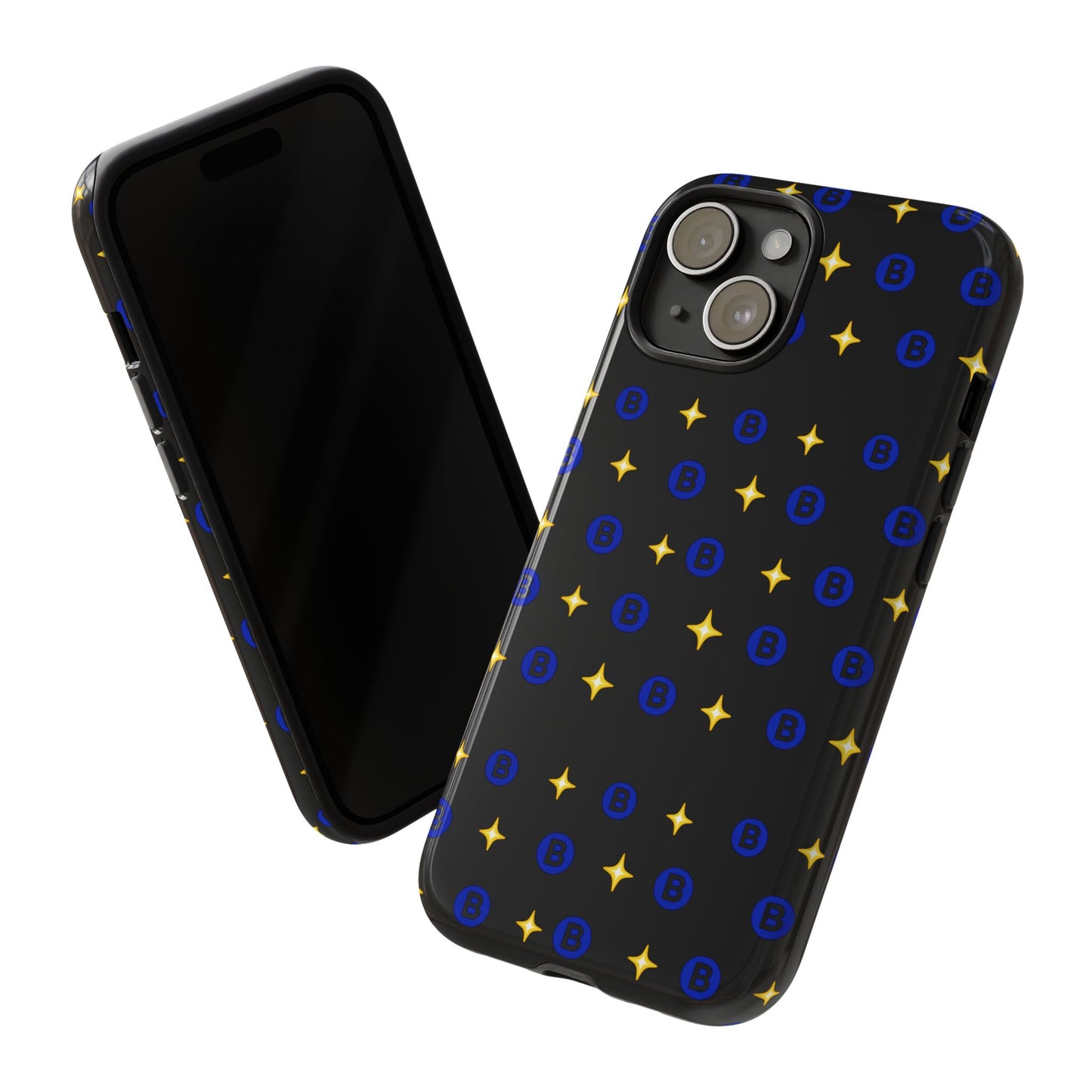 Bitcoin Pattern Tough Phone Case — Blue B Logo & Gold Stars Protective Cover