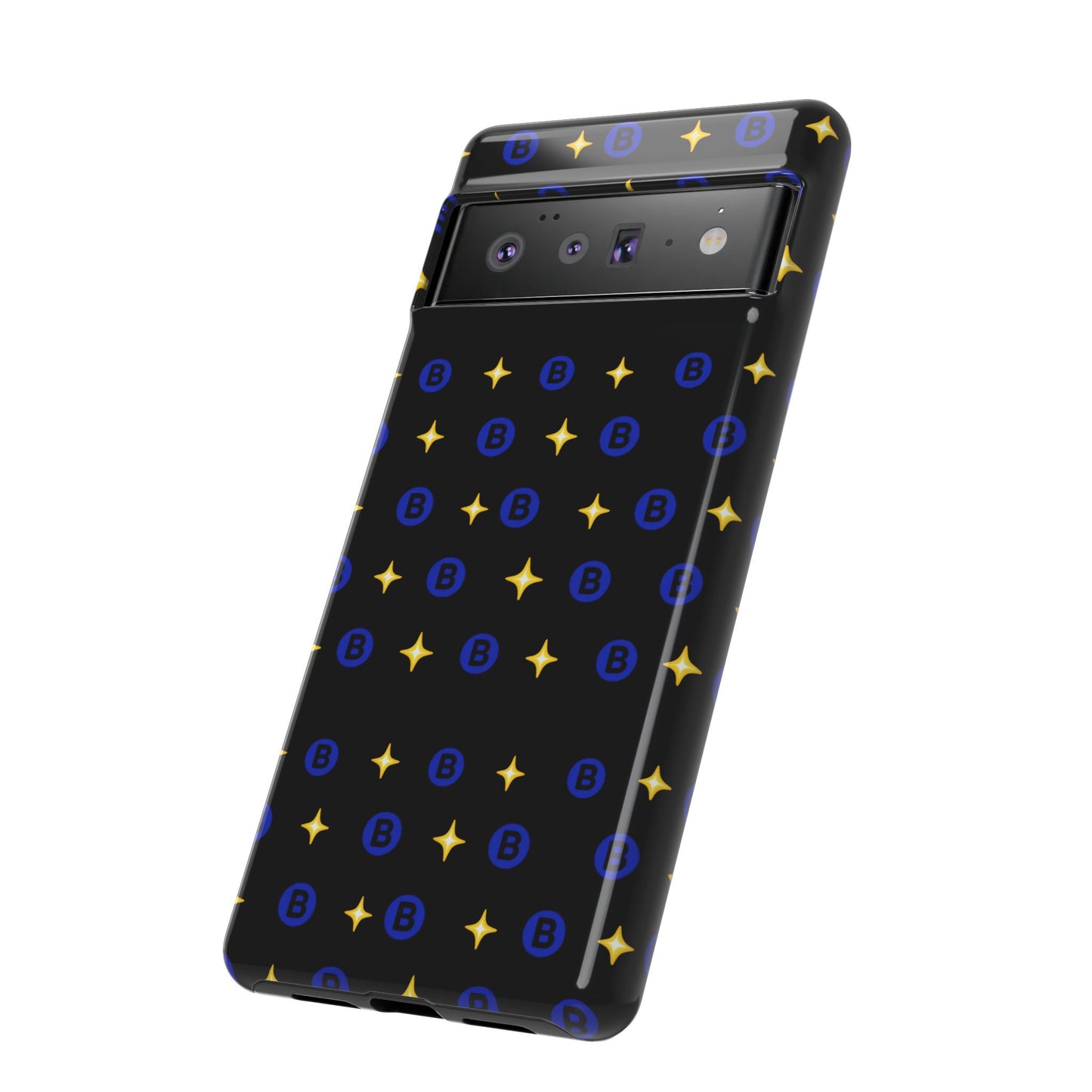 Bitcoin Pattern Tough Phone Case — Blue B Logo & Gold Stars Protective Cover