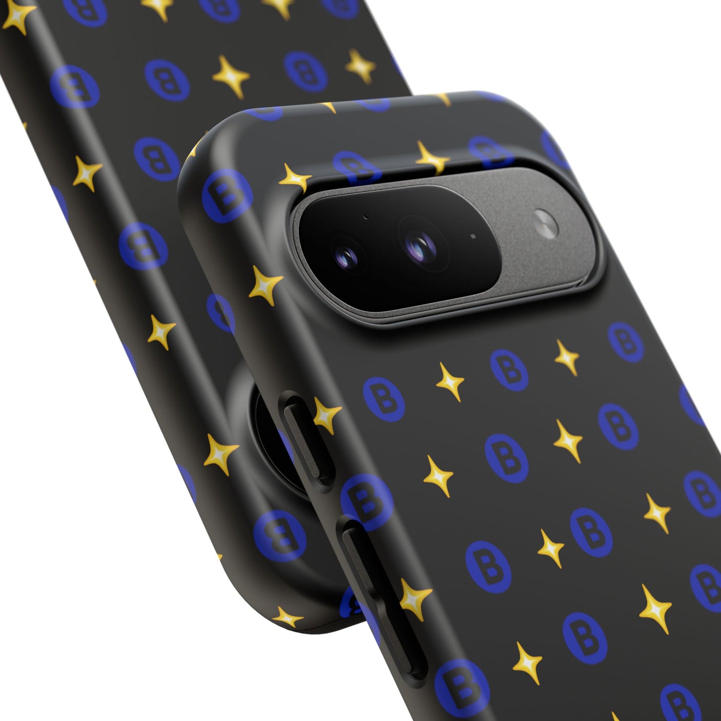 Bitcoin Pattern Tough Phone Case — Blue B Logo & Gold Stars Protective Cover