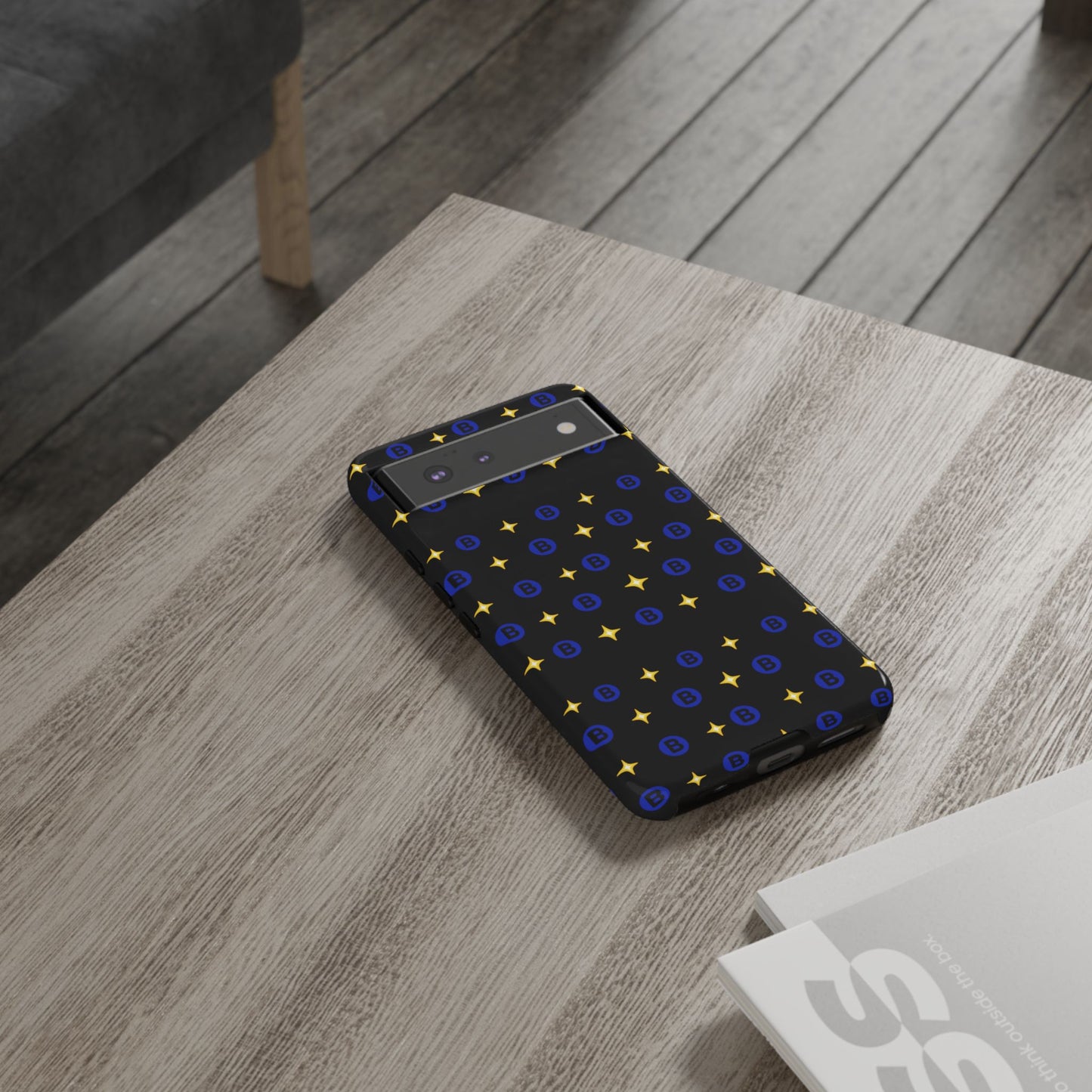 Bitcoin Pattern Tough Phone Case — Blue B Logo & Gold Stars Protective Cover
