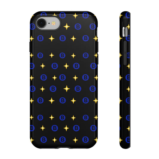 Bitcoin Pattern Tough Phone Case — Blue B Logo & Gold Stars Protective Cover