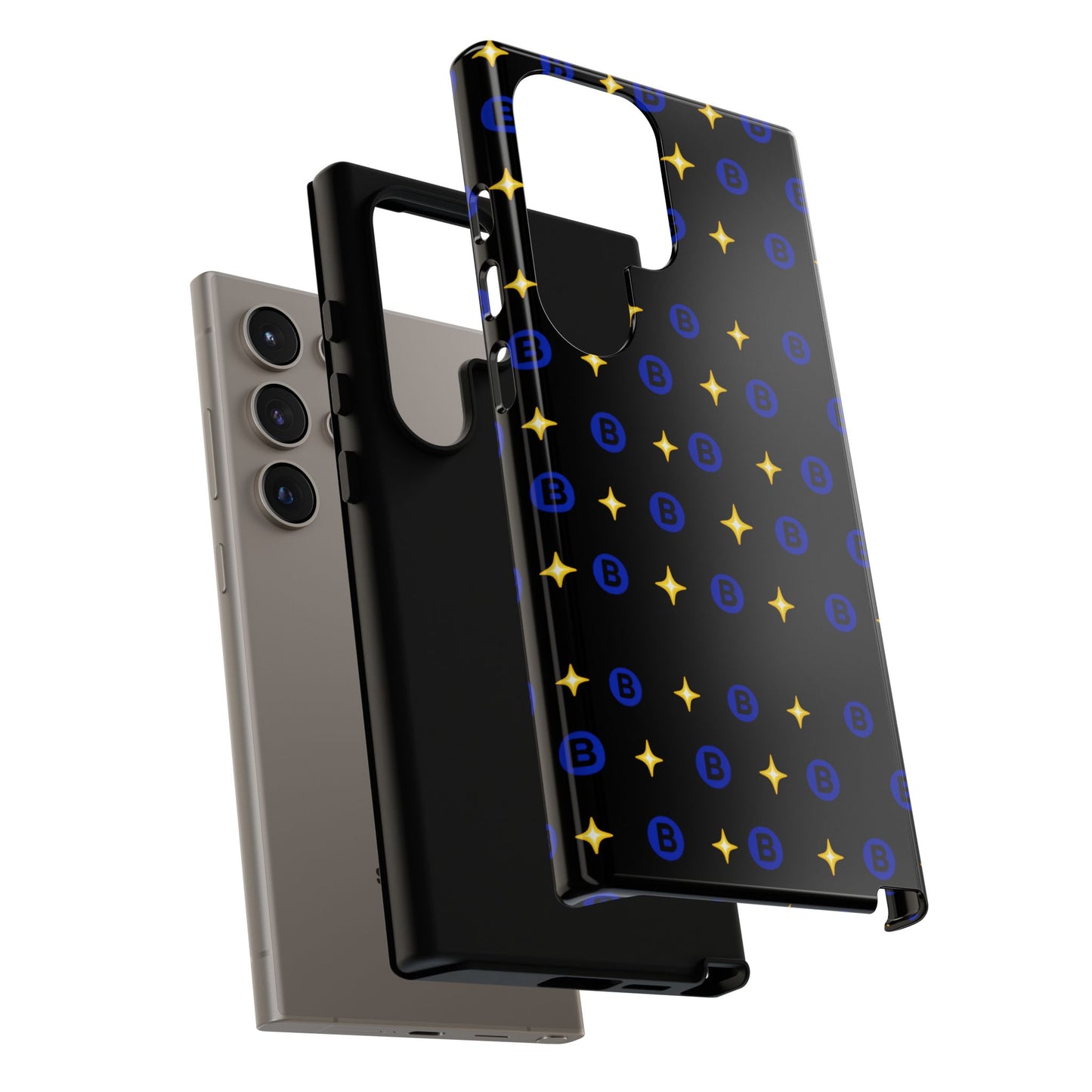 Bitcoin Pattern Tough Phone Case — Blue B Logo & Gold Stars Protective Cover