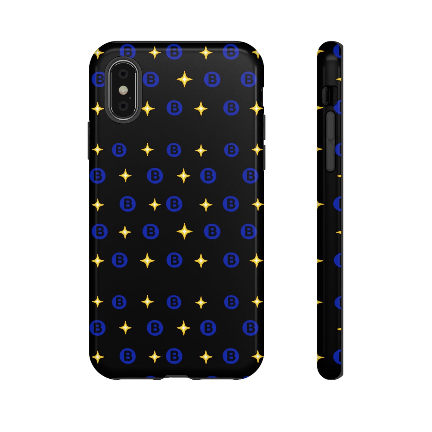 Bitcoin Pattern Tough Phone Case — Blue B Logo & Gold Stars Protective Cover